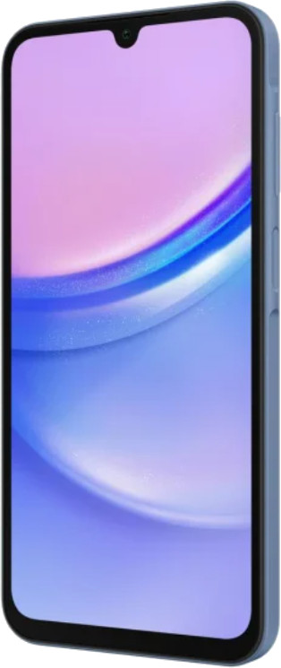 Niebieski smartfon z dużym ekranem. Ekran wyświetla gradient kolorów.