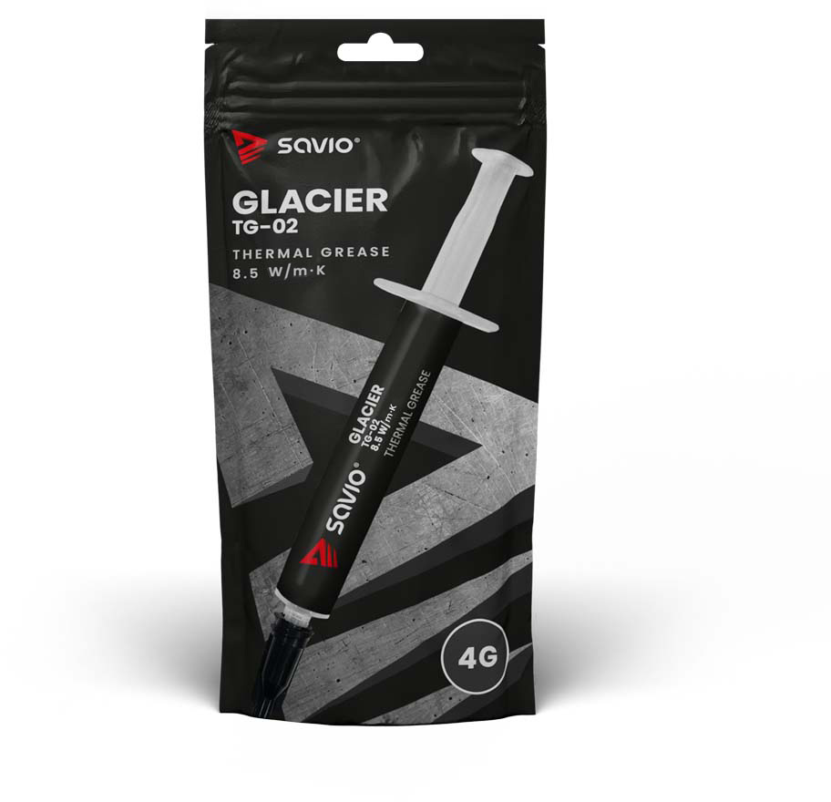 Fekete-szürke Savio Glacier TG-02 hővezető zsírcső fehér fecskendővel.