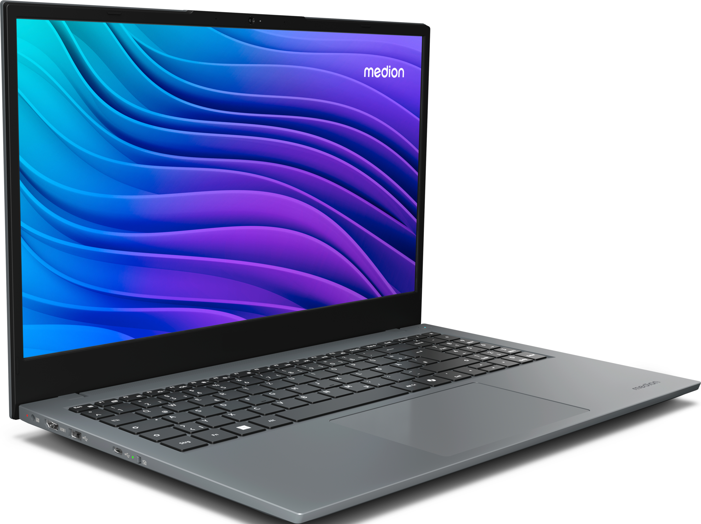 Grauer Laptop in Perspektive, Bildschirm zeigt farbenfrohes Bild.