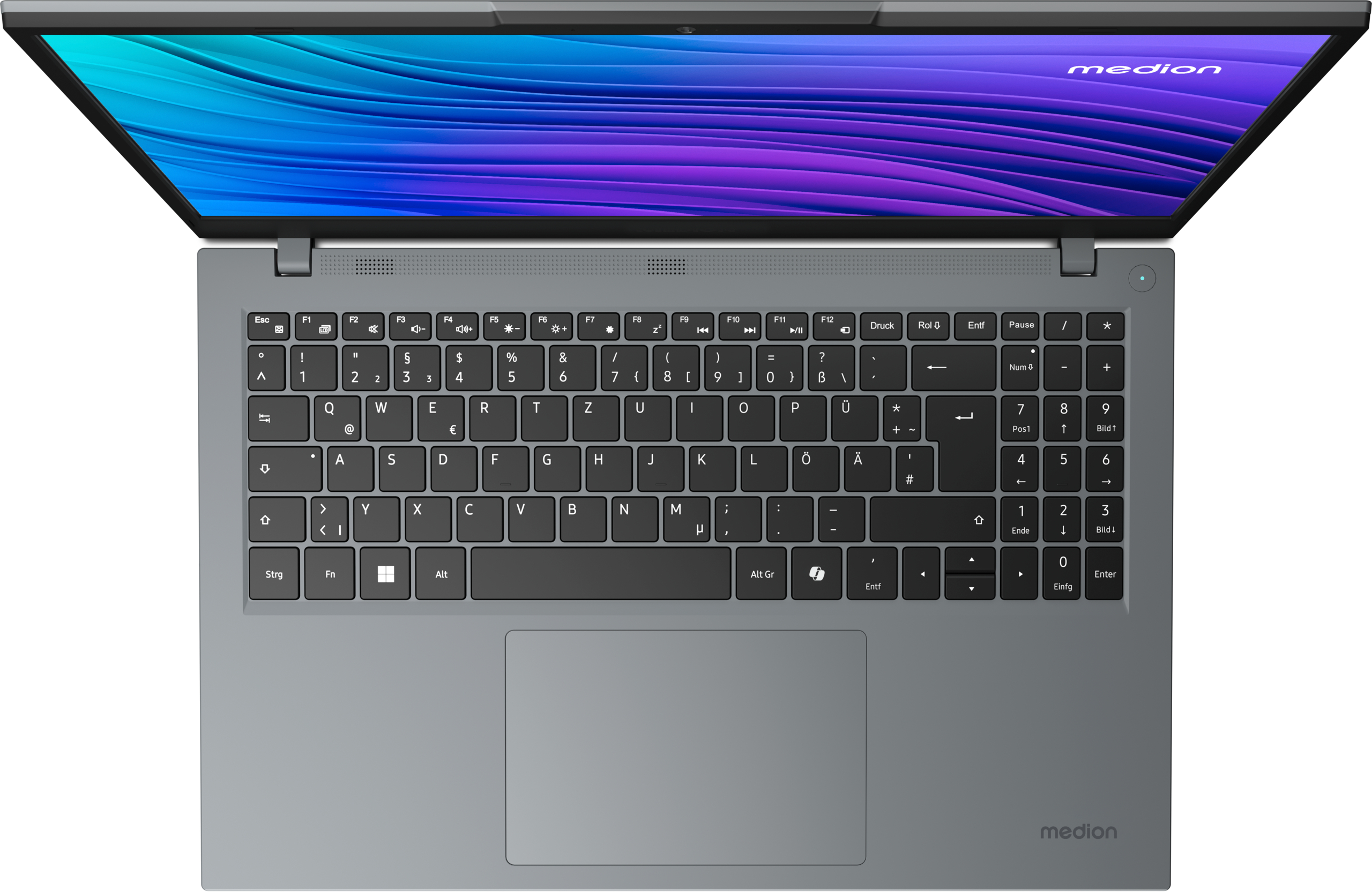 Laptop-Tastatur, offen, mit Bildschirm, der ein farbenfrohes abstraktes Bild zeigt.