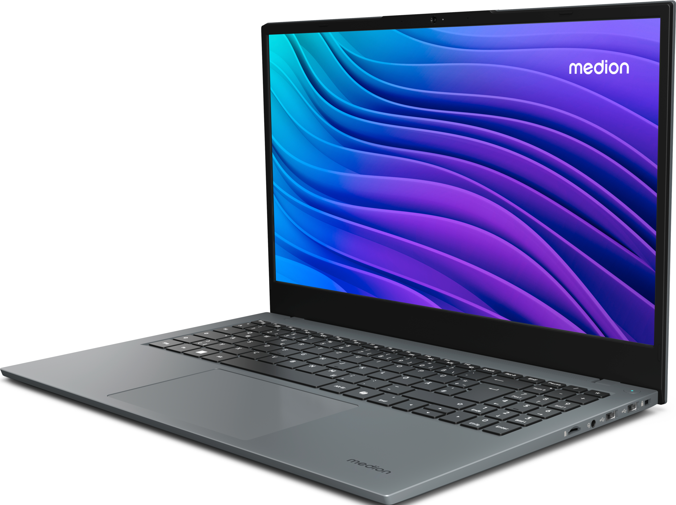 Grauer Laptop mit farbenfrohem Bildschirm, geöffnet auf einem Schreibtisch.