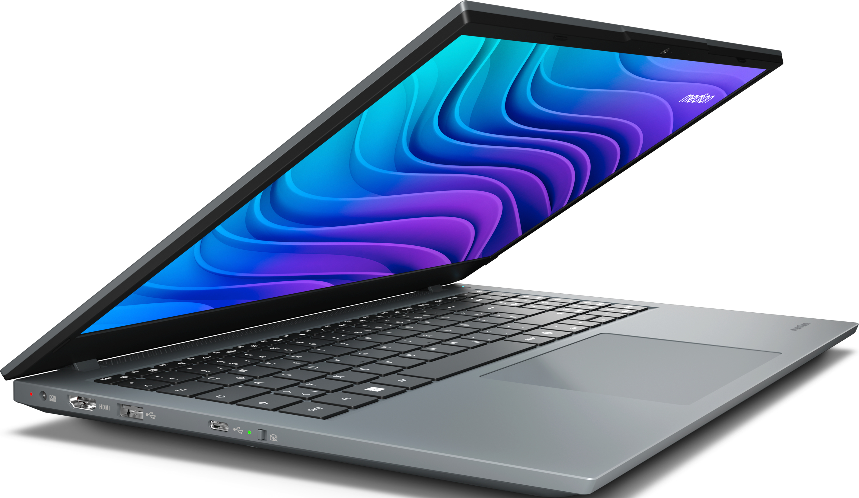 Ein Laptop ist geöffnet, angewinkelt, vor weißem Hintergrund. Der Bildschirm zeigt Design.