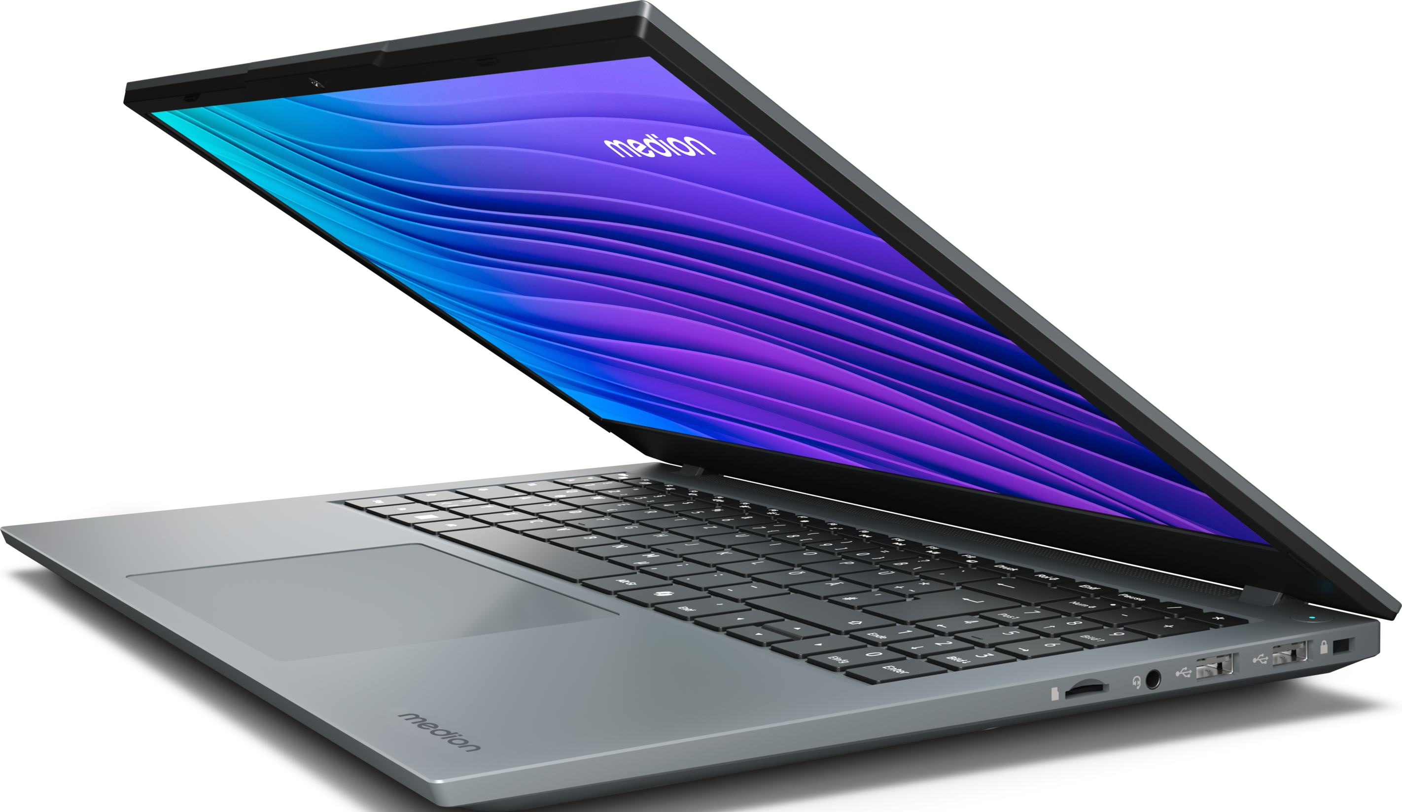 Geöffneter grauer Medion-Laptop mit blau-lila Bildschirm.