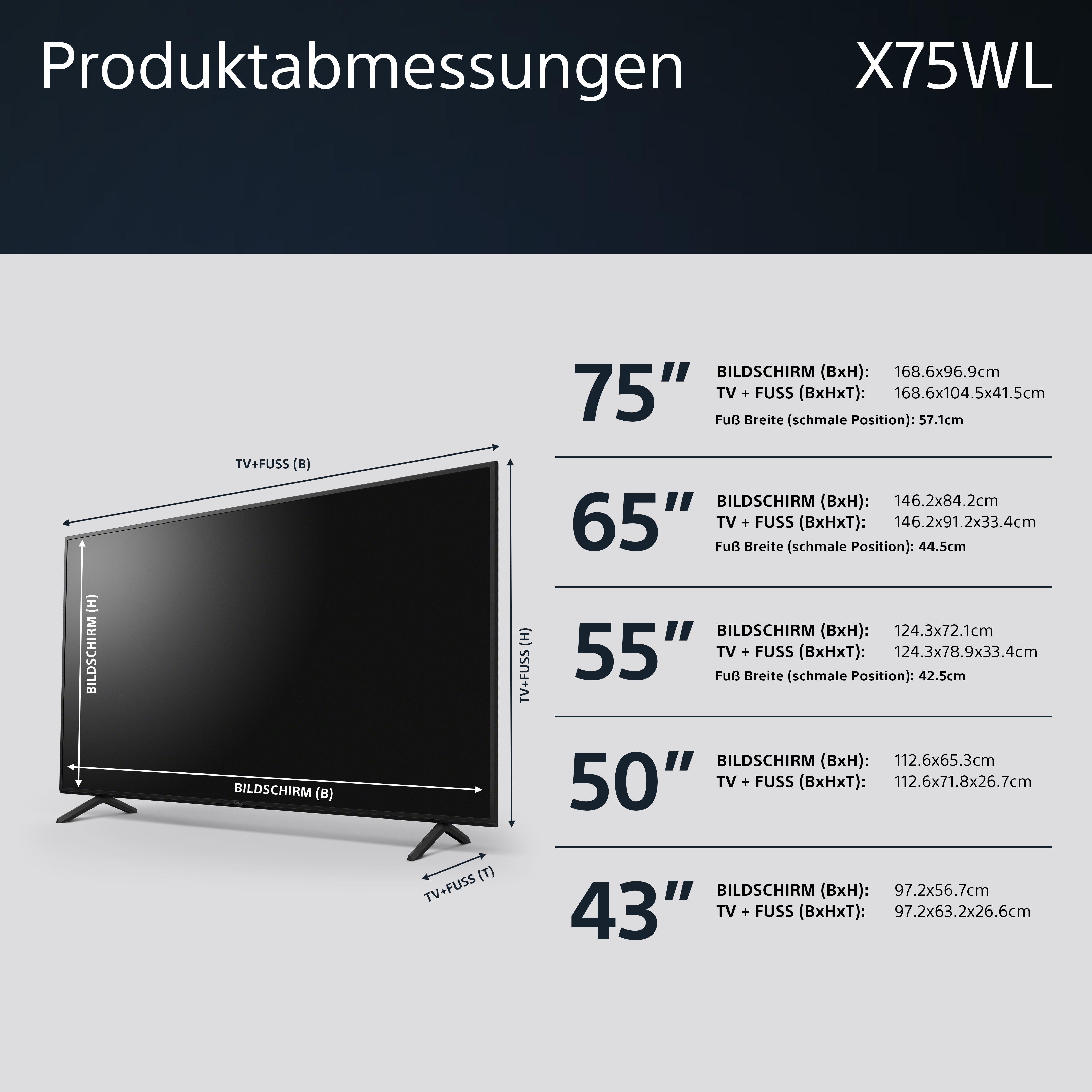 TV-Abmessungstabelle, zeigt Größen in Zoll und cm mit Abmessungen.