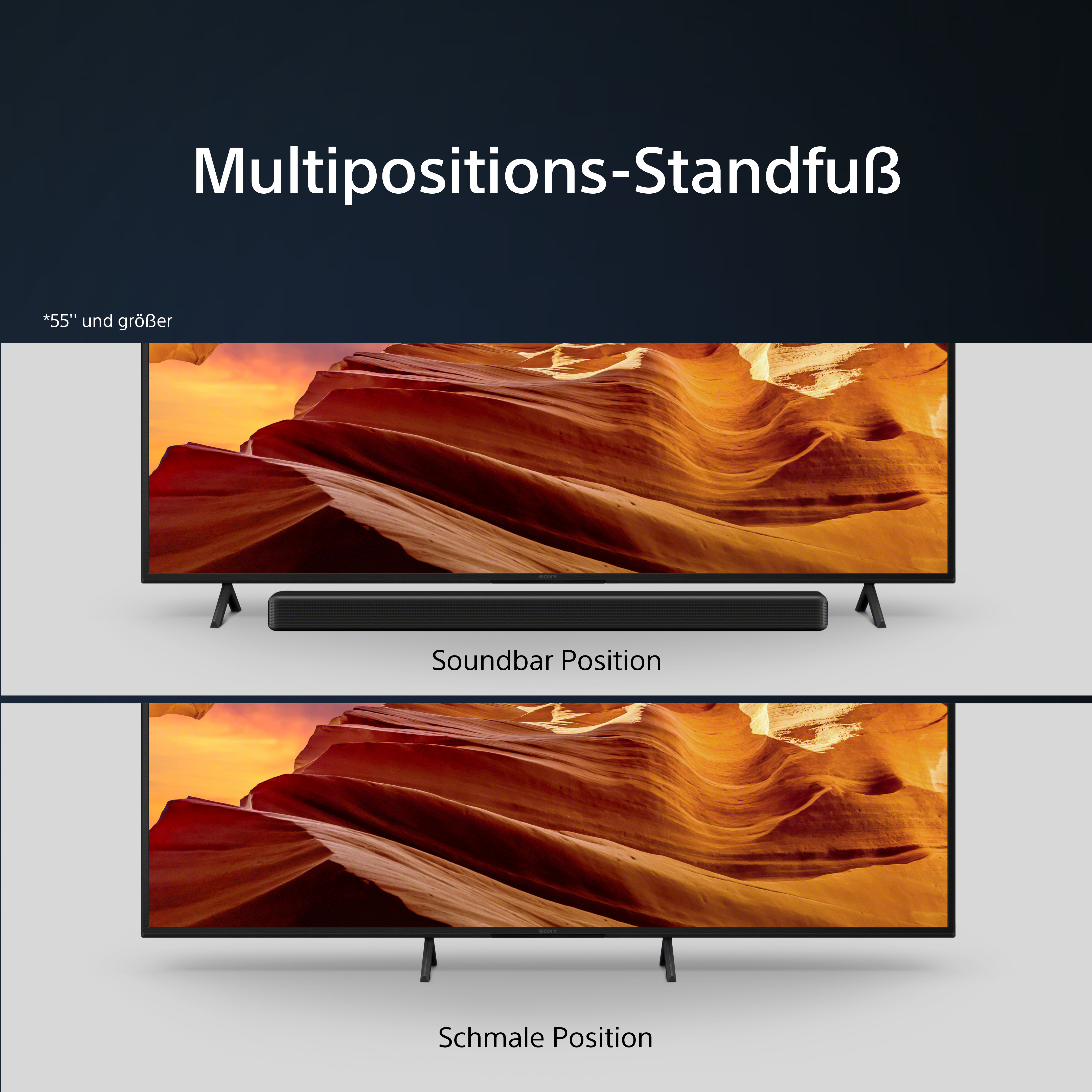 Zwei Fernseher mit verschiedenen Ständern und eine Soundbar davor.