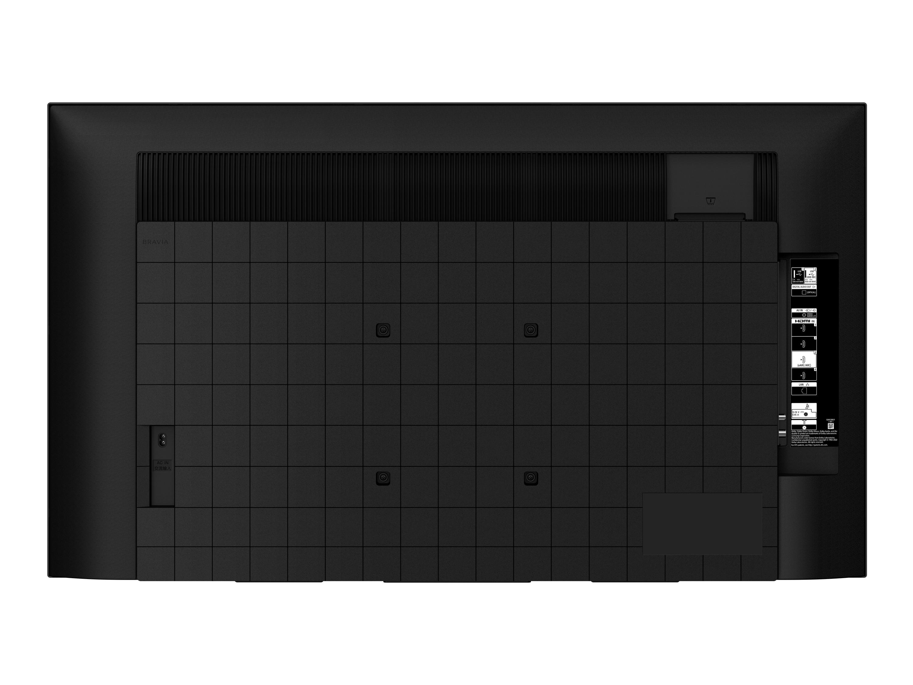 Rückseite eines schwarzen Sony Fernsehers, mit Anschlüssen. Graues und schwarzes Muster.
