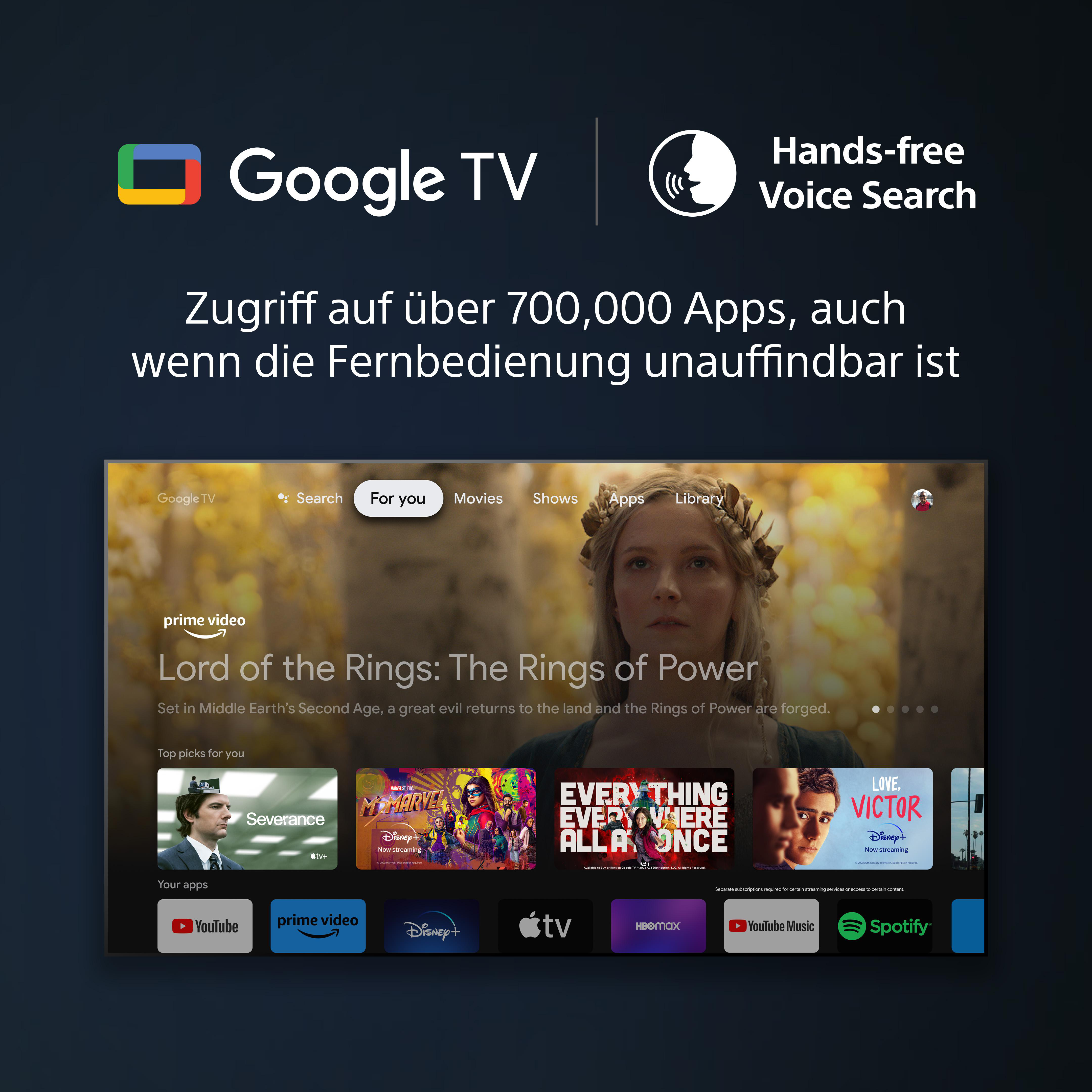 Google TV-Bildschirm, der eine Sendung mit Fernbedienung und Sprachsuche zeigt.