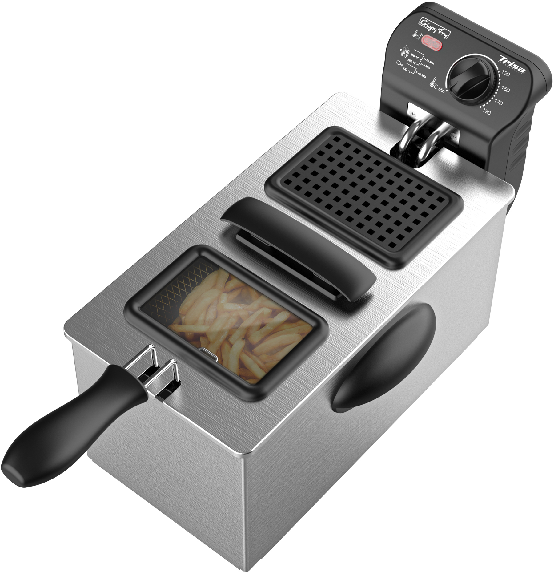 Friggitrice in acciaio inox con cestello e controllo temperatura. Patatine visibili.
