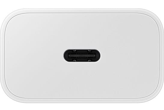 Biała ładowarka z portem Type-C pośrodku, na białym tle.