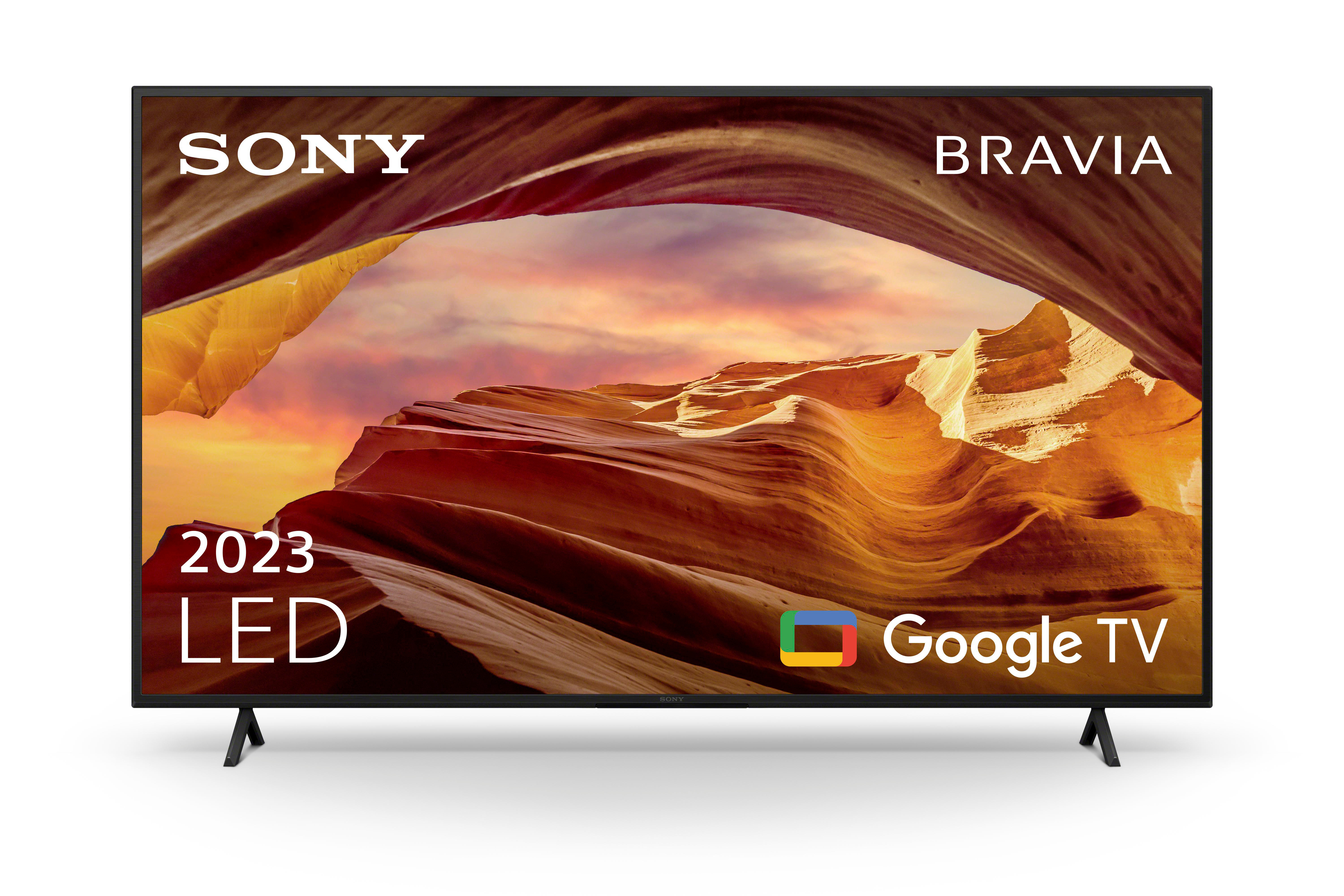 Ein Sony Bravia TV mit einem Landschaftsbild auf dem Bildschirm. Es hat einen schwarzen Rahmen und Ständer.