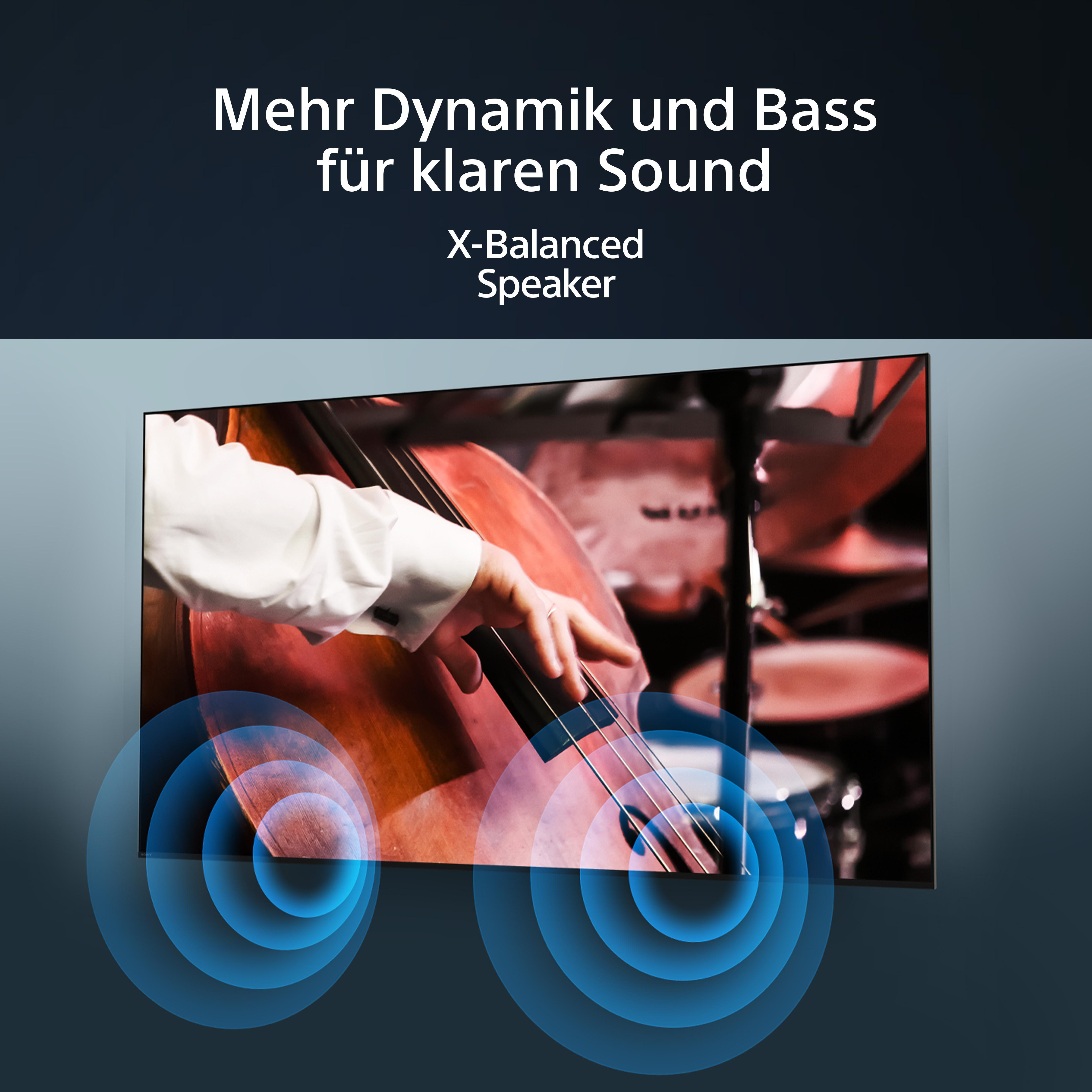 Ein großer Bildschirm zeigt einen Mann, der Cello spielt. Blaue Schallwellen-Icons sind am Bildschirm.