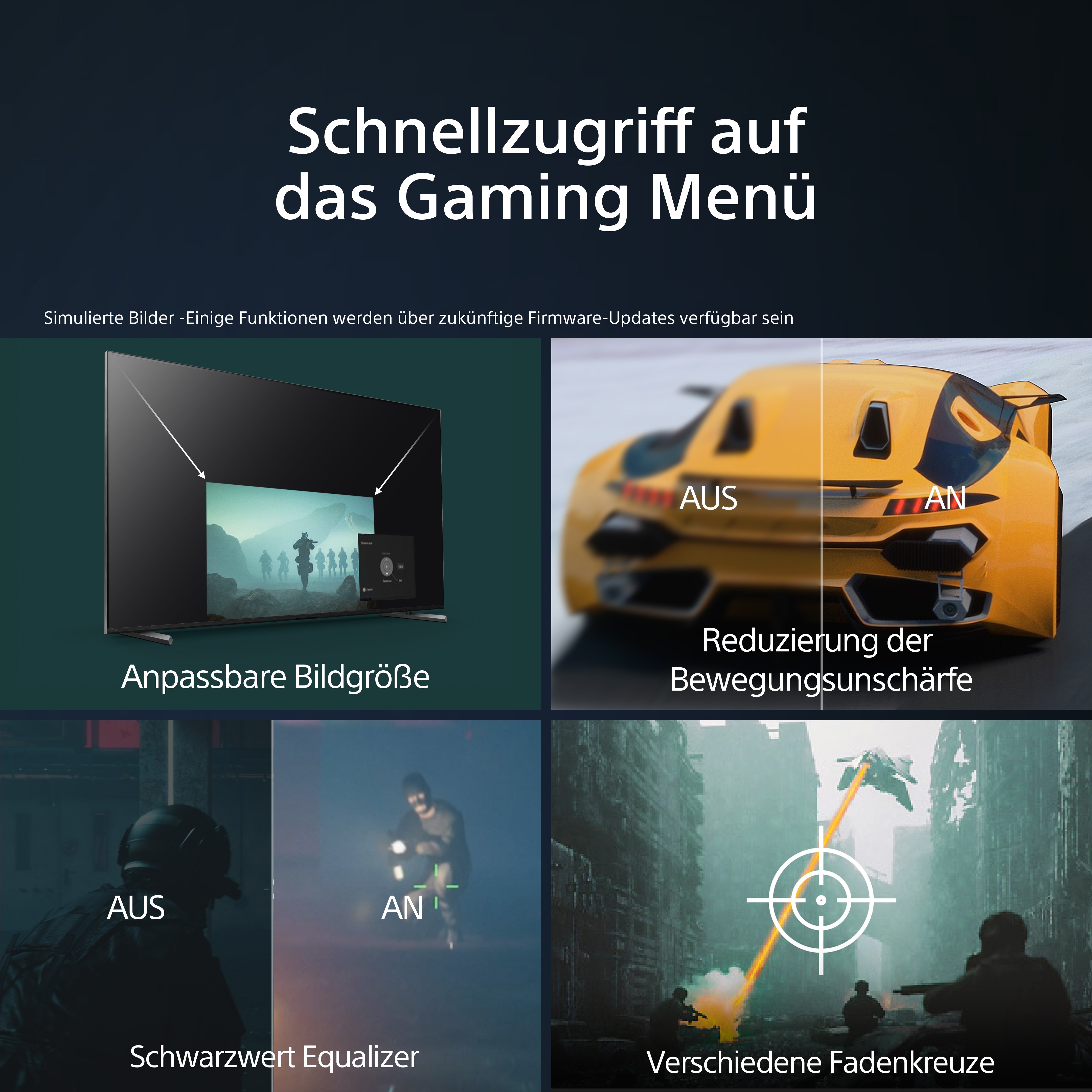 Eine Collage von Bildern, die Gaming-Funktionen demonstrieren, einschließlich anpassbarer Bildschirmgröße und Bewegungsunschärfe.