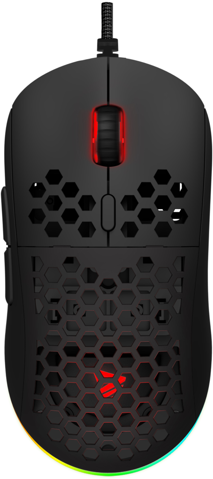 Fekete gamer egér piros és RGB világítással. Méhsejtmintázat a testen.