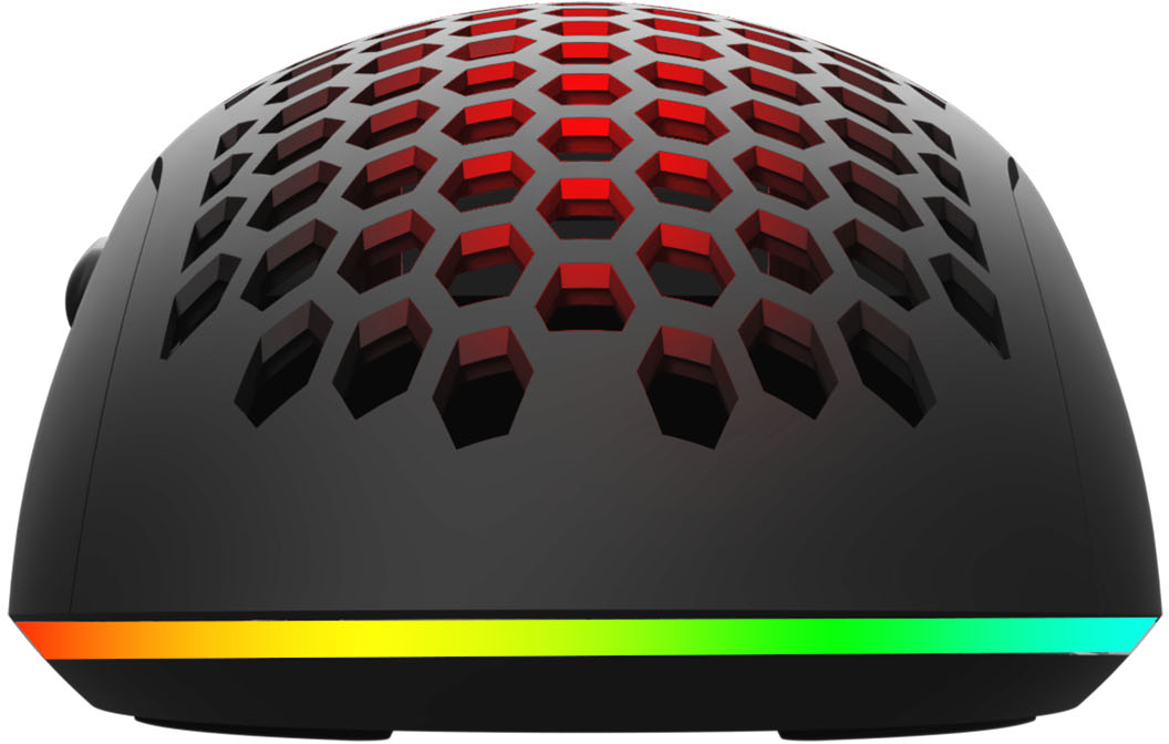 Fekete gamer egér méhsejt mintával és RGB világítással az alján.