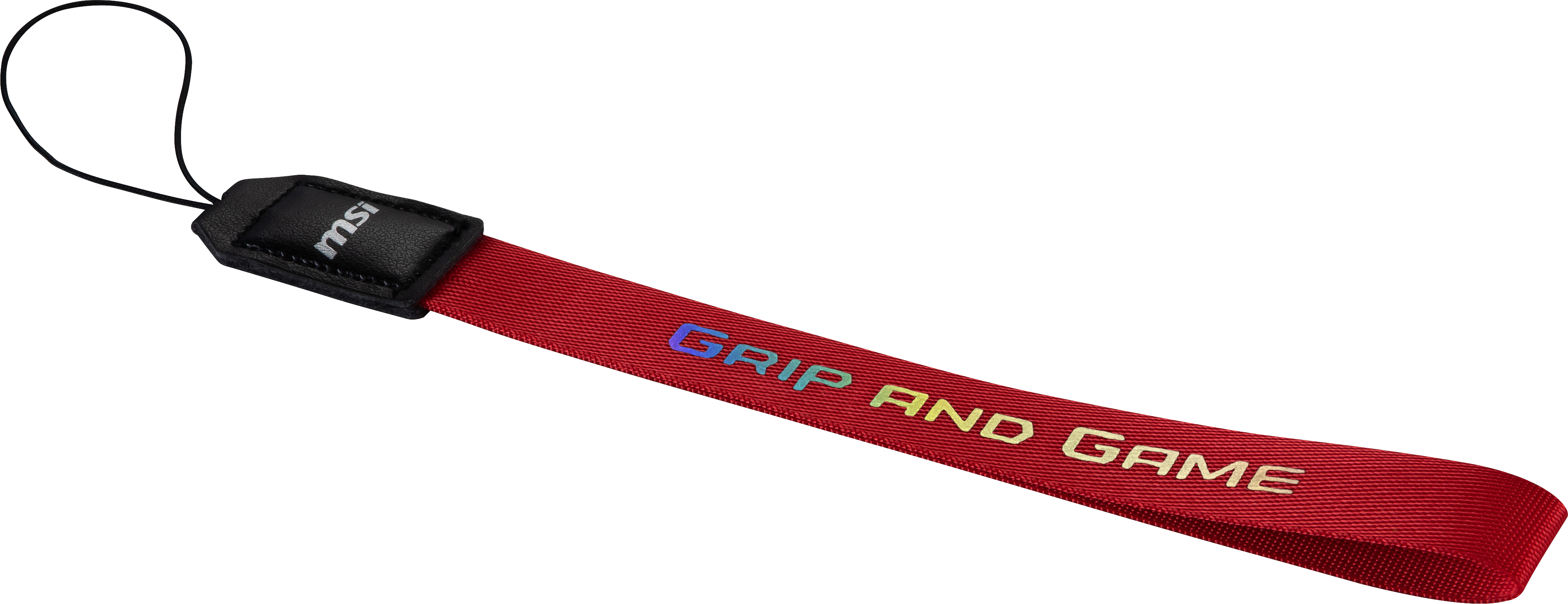 Rotes und weißes MSI-Handgelenkband mit der Aufschrift 'GRIP AND GAME'.