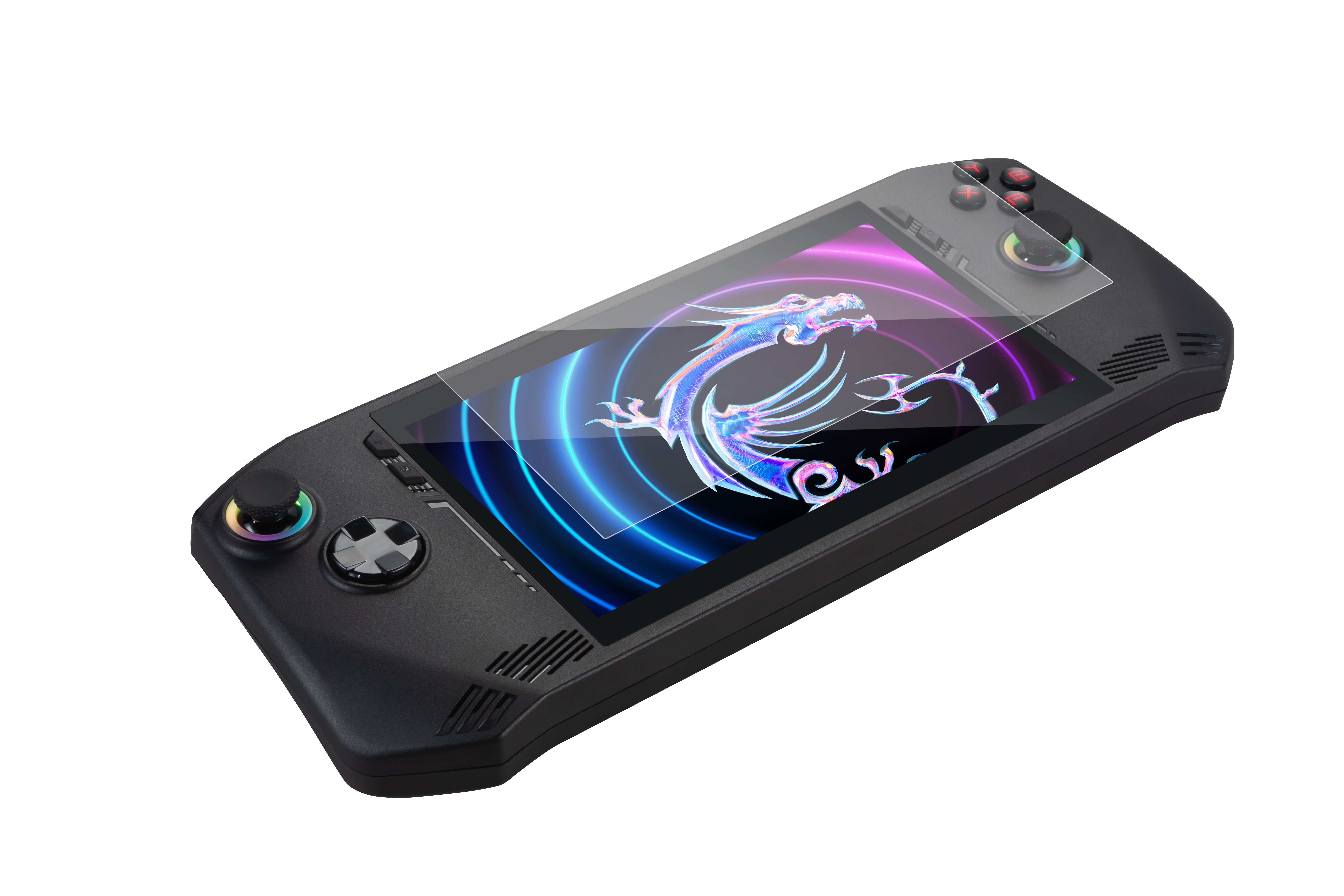 Schwarzes Handheld-Spielgerät mit einem Bildschirm, der ein Drachenlogo zeigt, auf weißem Hintergrund.