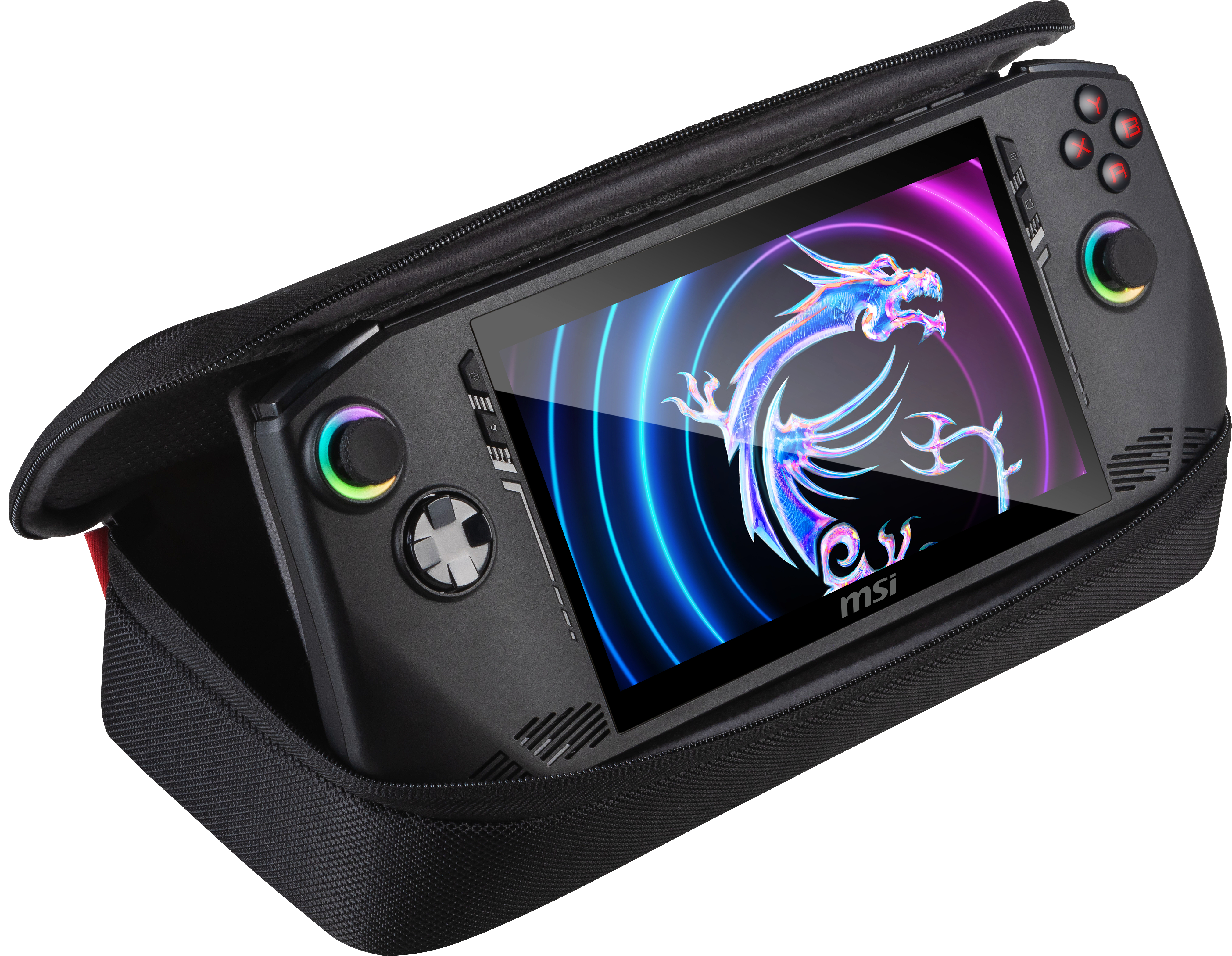 Ein schwarzes Handheld-Gaming-Gerät in einer schwarzen Tragetasche, das eine farbenfrohe Drachengrafik auf dem Bildschirm zeigt.
