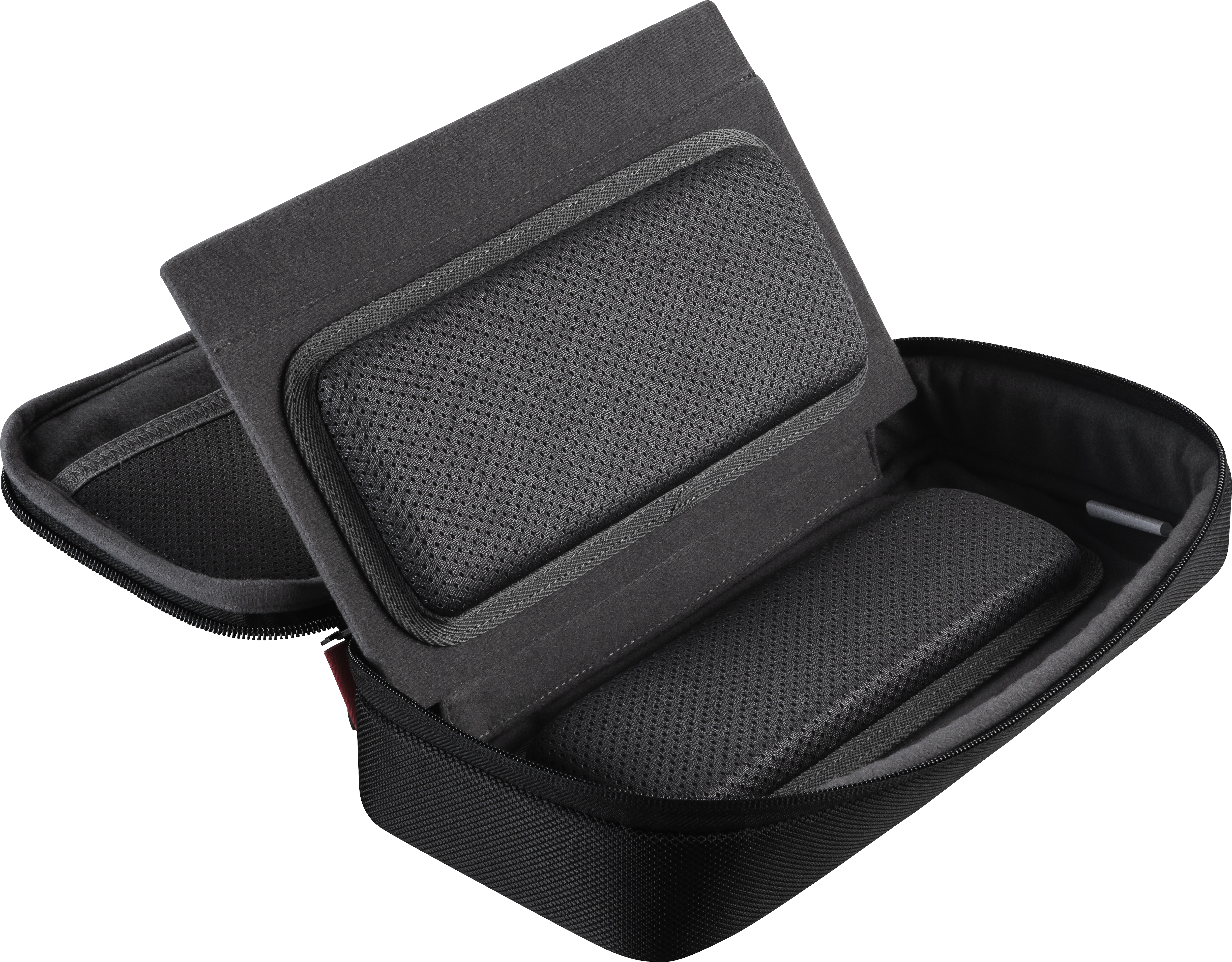 Eine schwarze Hülle mit einem Tablet darin. Sie ist geöffnet und zeigt das Innere.