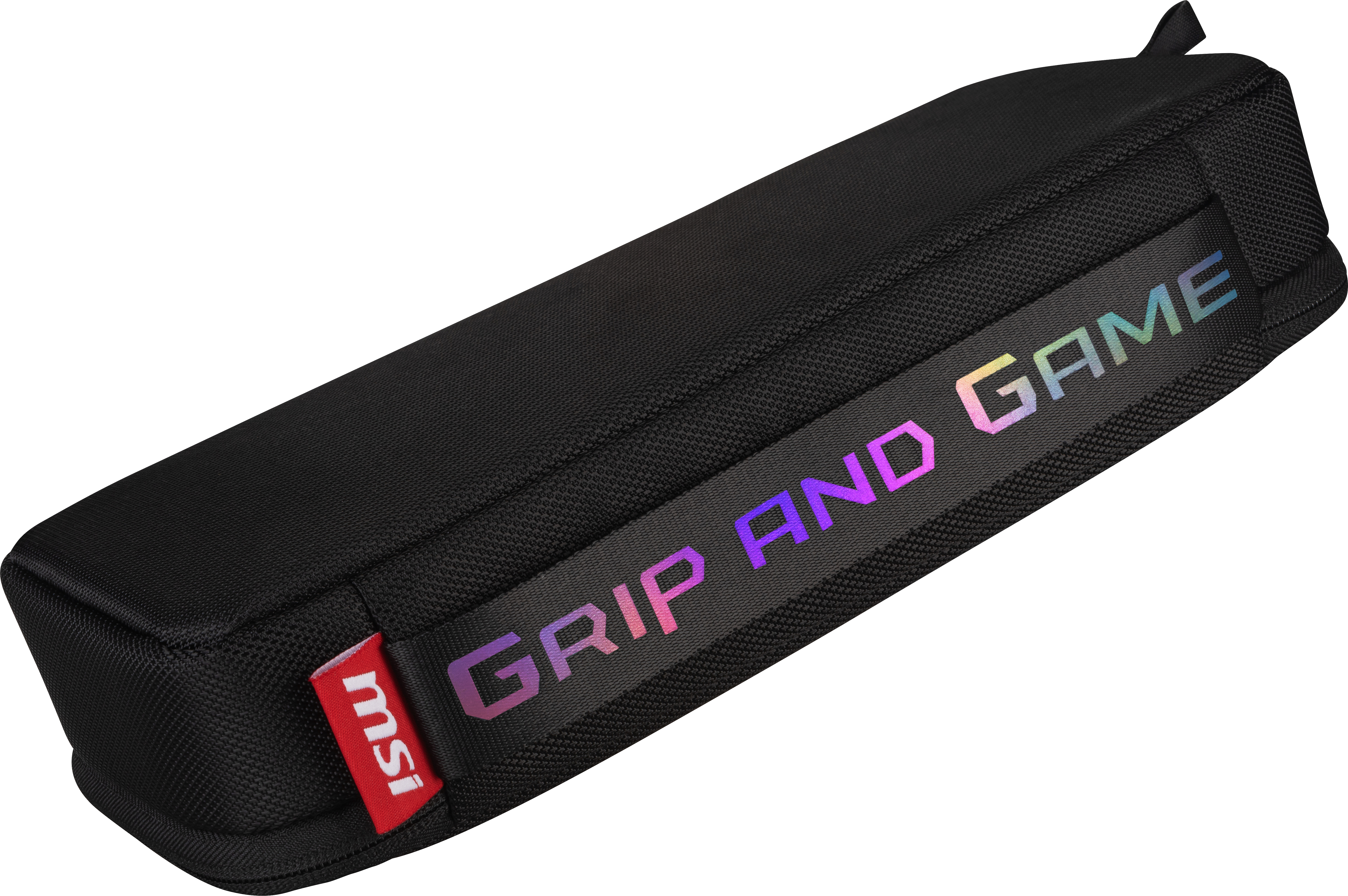Schwarzes MSI-Etui mit regenbogenfarbenem "Grip and Game"-Text darauf.