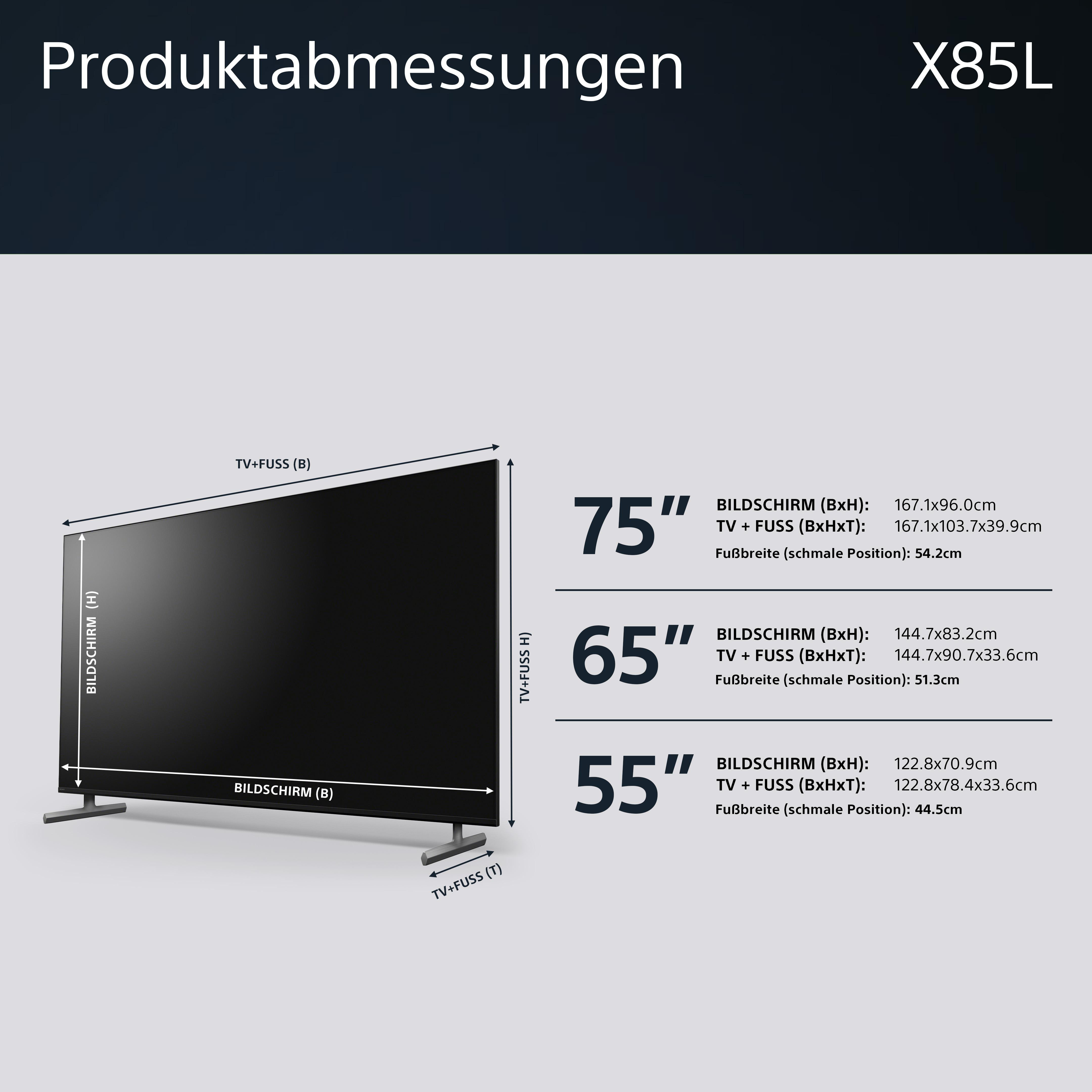 Produktabmessungen des Fernsehers: 75", 65" und 55" mit angegebenen Abmessungen.