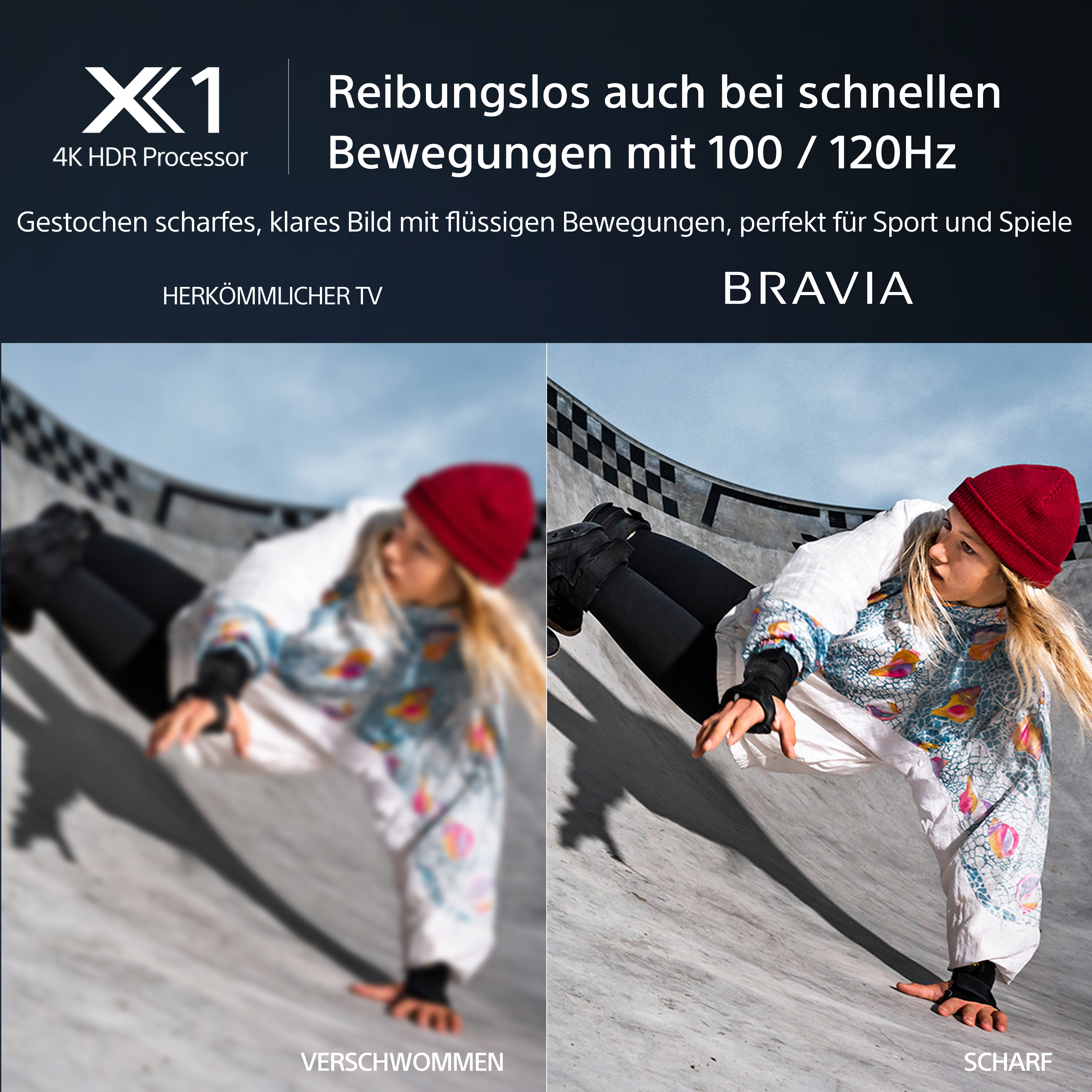 Verschwommene und scharfe Bilder eines Mädchens beim Skateboarden. Das scharfe Bild ist BRAVIA.