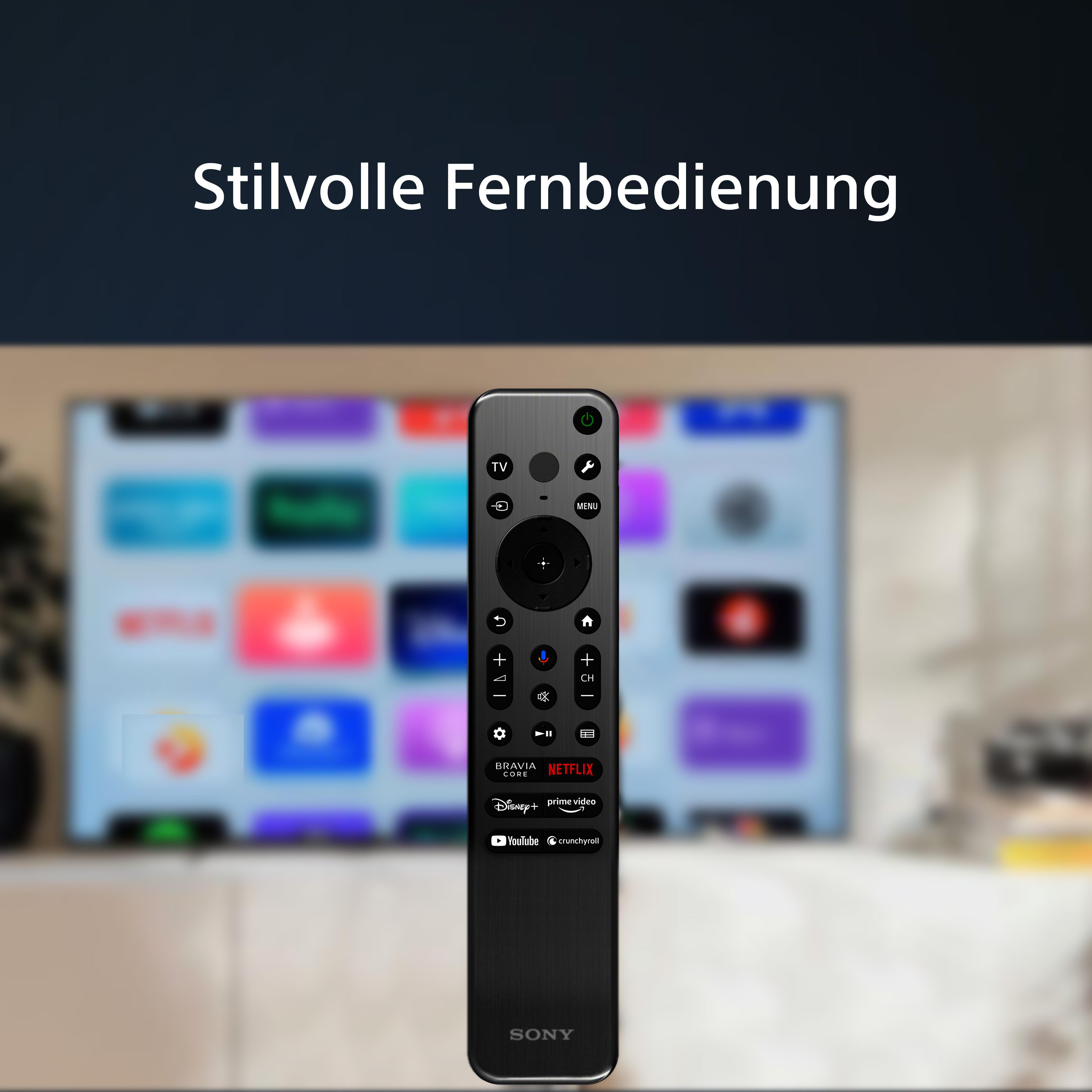 Eine schwarze Sony-Fernbedienung mit Tasten vor einem verschwommenen Fernsehbildschirm mit App-Symbolen.