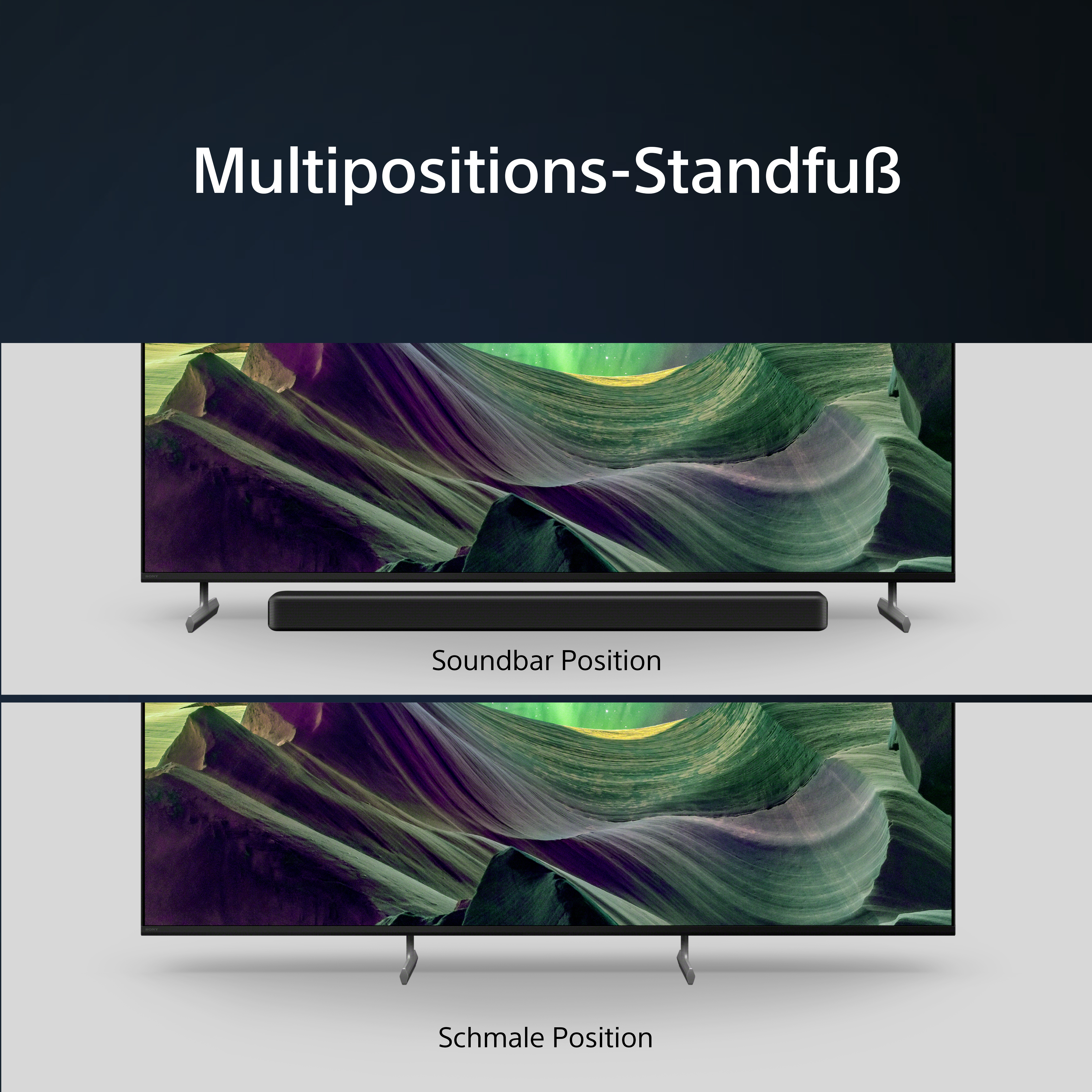 TV mit Soundbar, zwei Positionen. Text: Multipositions-Standfuß und Soundbar Position.