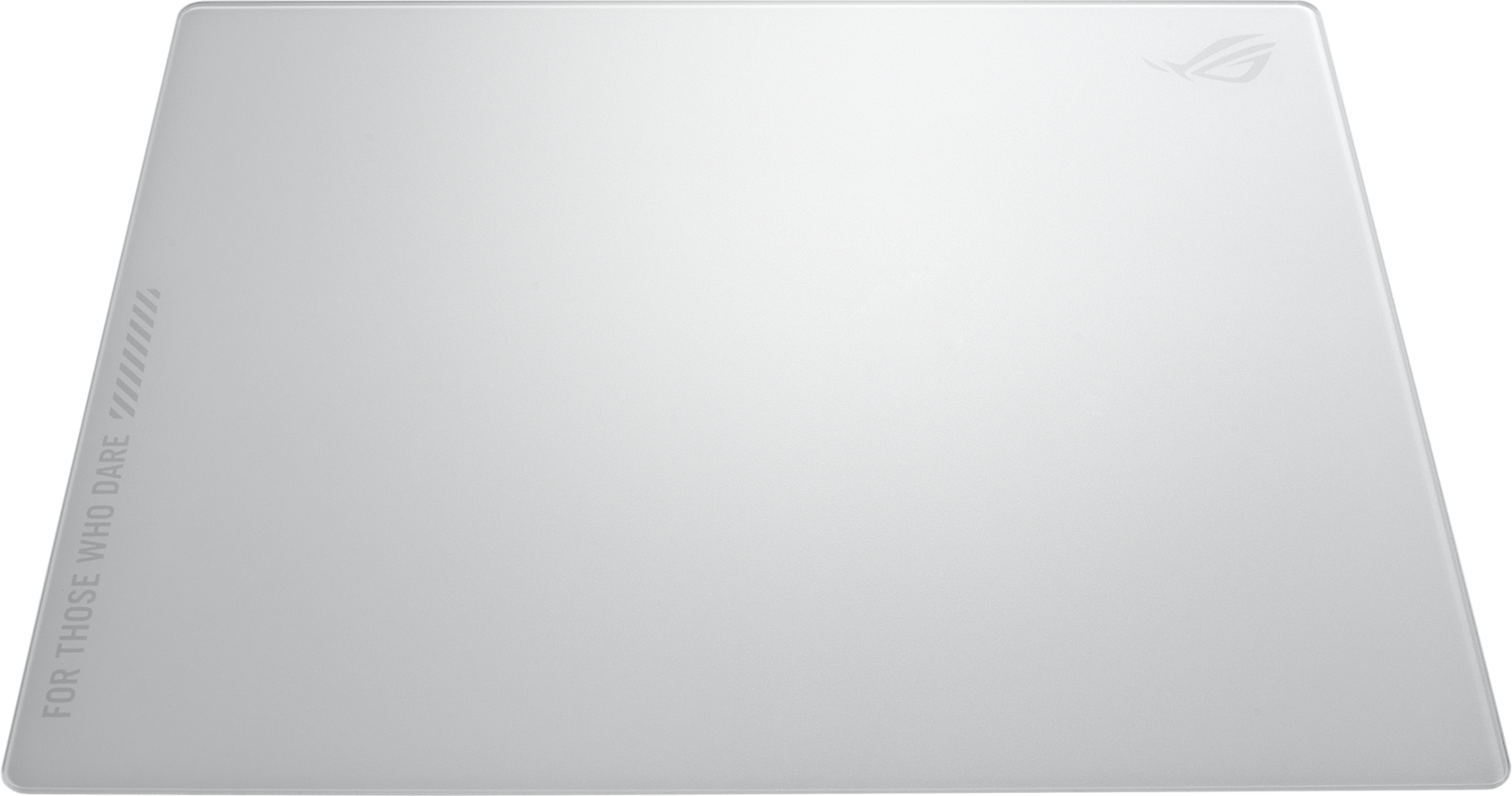 Un tapis de souris rectangulaire blanc avec le texte 'FOR THOSE WHO DARE' et un logo dans le coin.