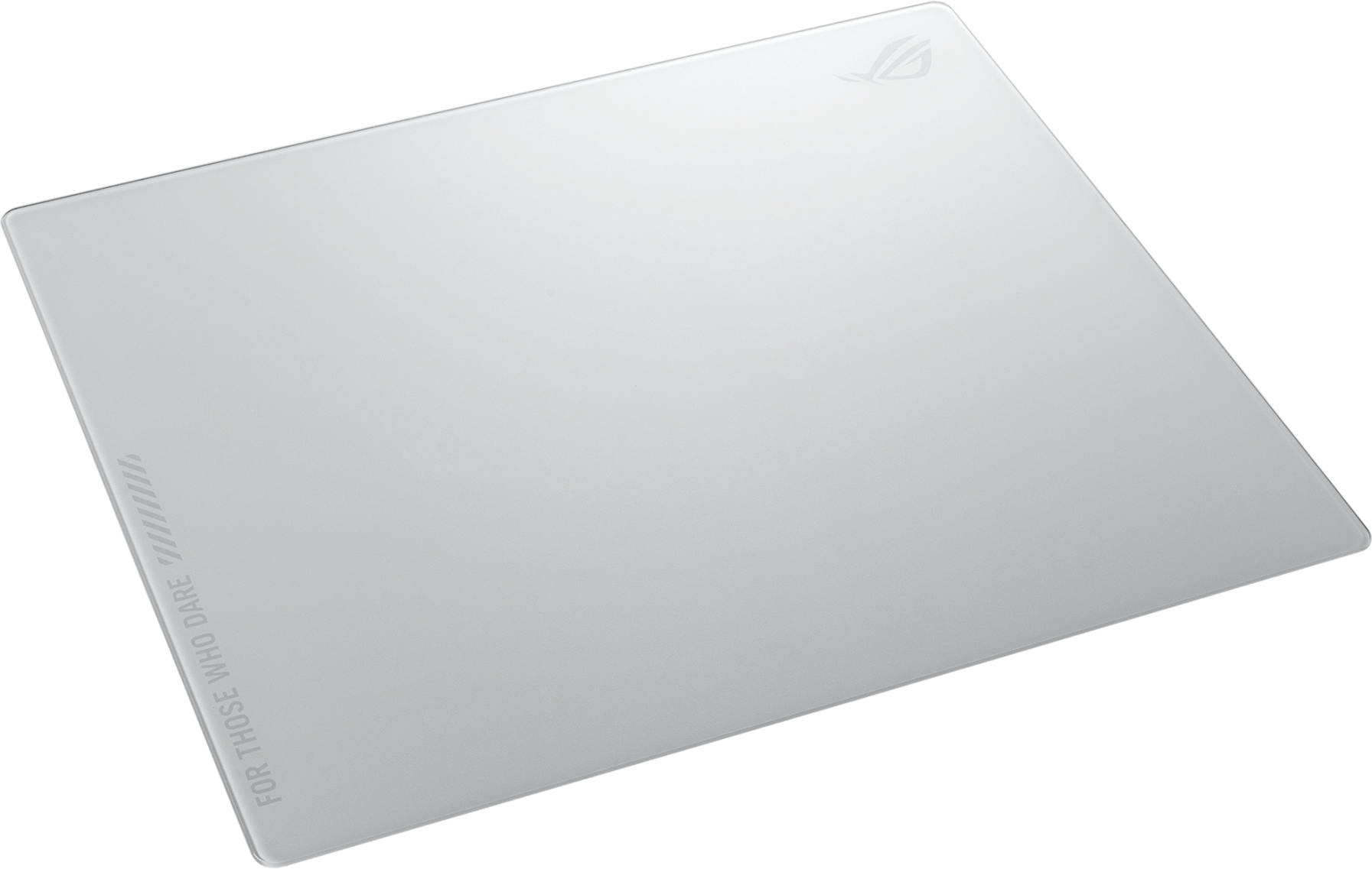 Un tapis de souris rectangulaire blanc avec le logo ROG en haut à droite. Texte 'FOR THOSE WHO DARE' à gauche.