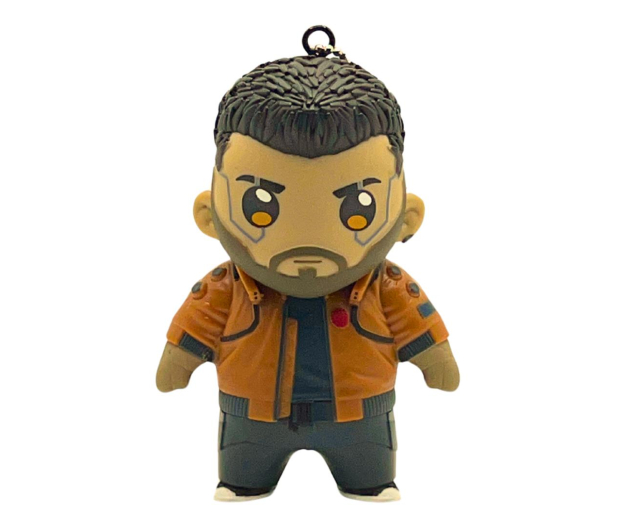 Figurka chibi męskiej postaci w pomarańczowej kurtce i brodzie na białym tle.