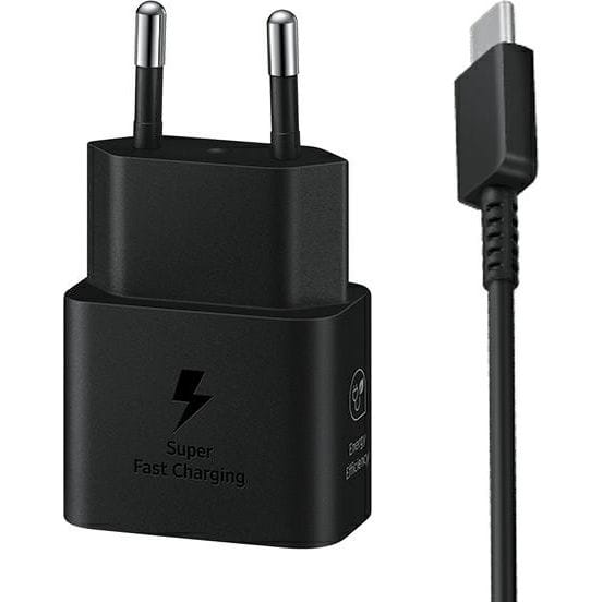 Czarna ładowarka z kablem USB-C. Na ładowarce napisano 'Super Fast Charging'.