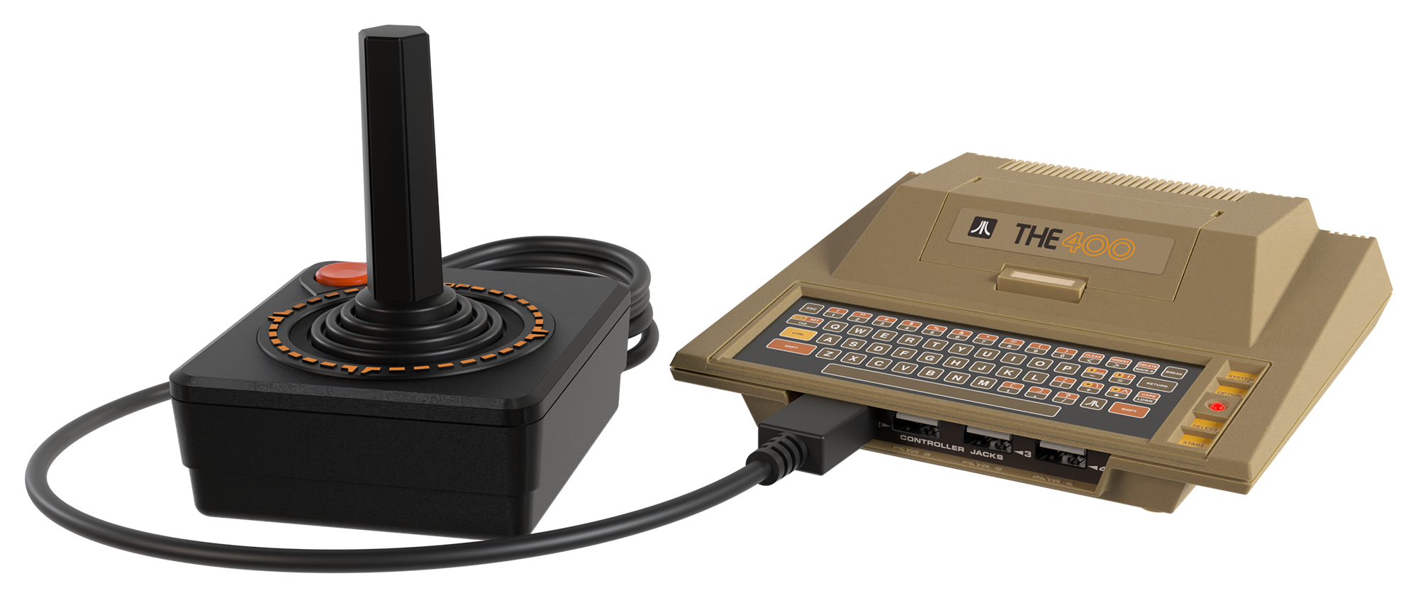 Komputer Atari The 400 z joystickiem, z klawiaturą i gniazdem na kartridże.