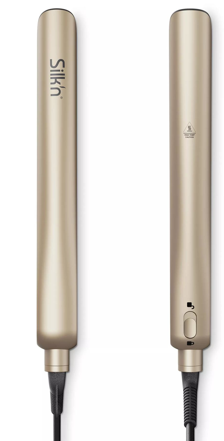 Dwie złote prostownice do włosów obok siebie na białym tle.