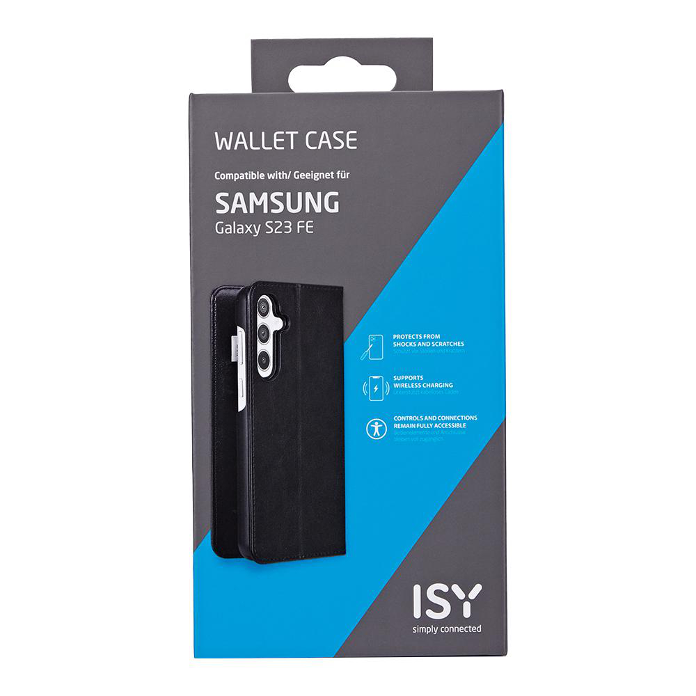 Eine Samsung Galaxy S23 FE Wallet Case Box. Die Hülle ist schwarz, mit einem sichtbaren Telefon.