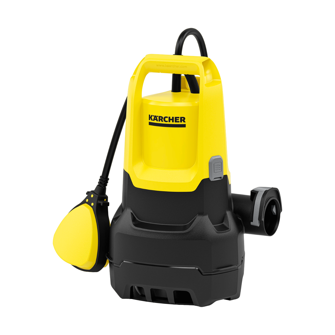 Eine gelb-schwarze Kärcher-Tauchpumpe mit Griff und Schwimmerschalter. Schwarzer Schlauch befestigt.