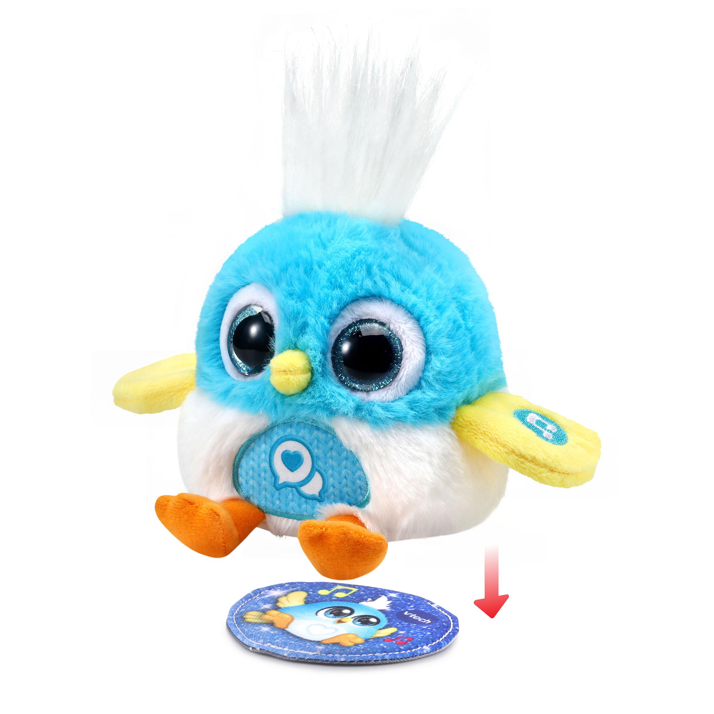 Blau-weißes Plüschpinguin-Spielzeug mit einer kleinen Karte daneben, auf weißem Hintergrund.