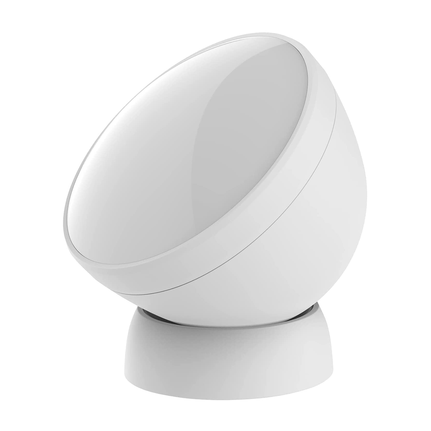 Lampada intelligente bianca a forma di uovo su base bianca, leggermente inclinata.