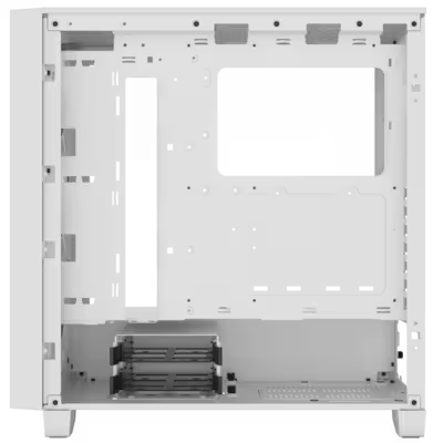 Weißes Computergehäuse, offen. Im Inneren befinden sich verschiedene Fächer für Komponenten.