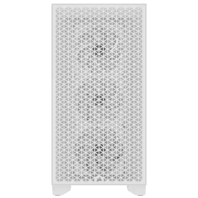 Weiße Computergehäuse-Vorderansicht mit Mesh-Design. Weißer Hintergrund.