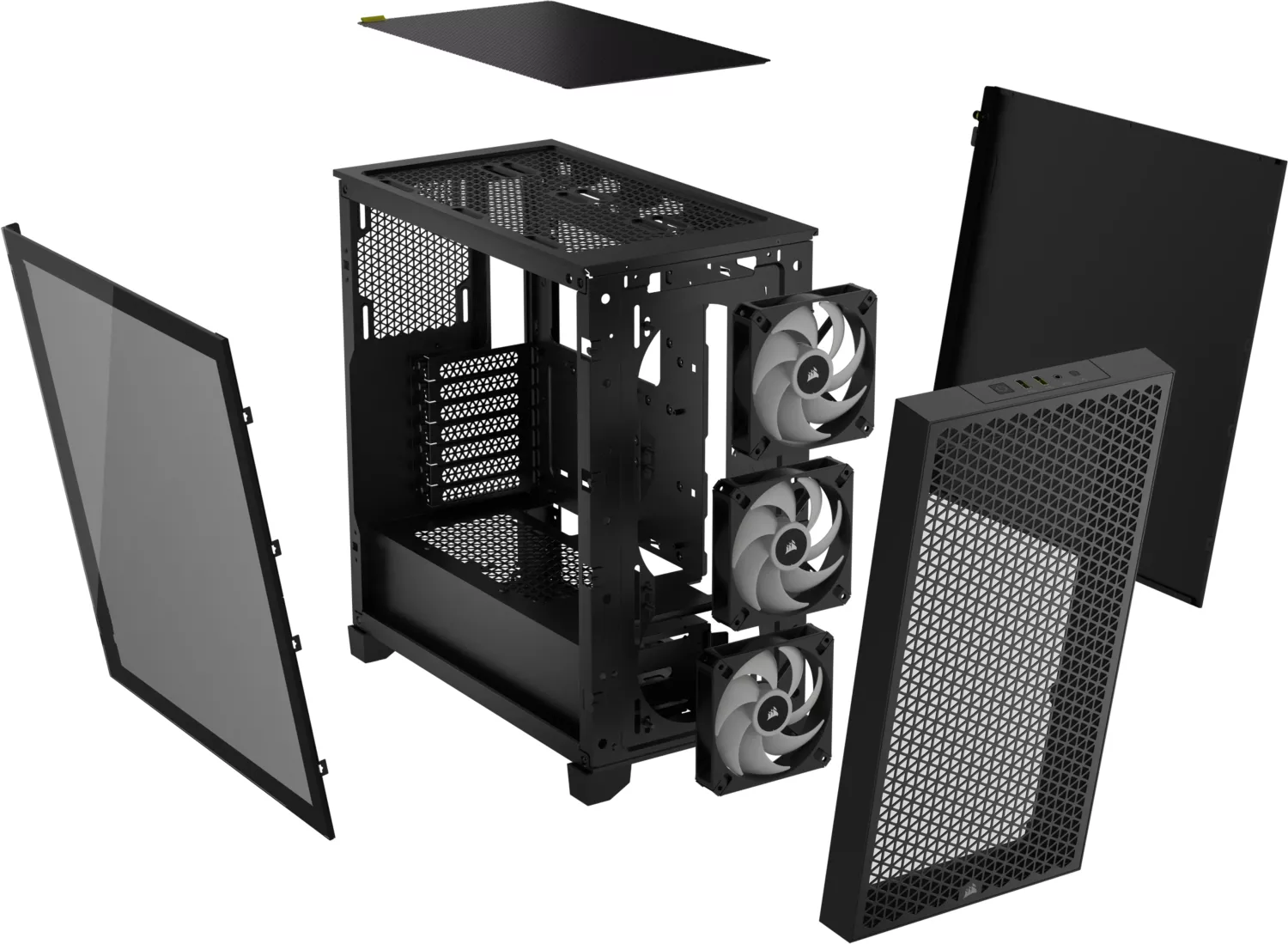Ein zerlegtes Computergehäuse, mit sichtbaren Lüftern und Seitenteilen.
