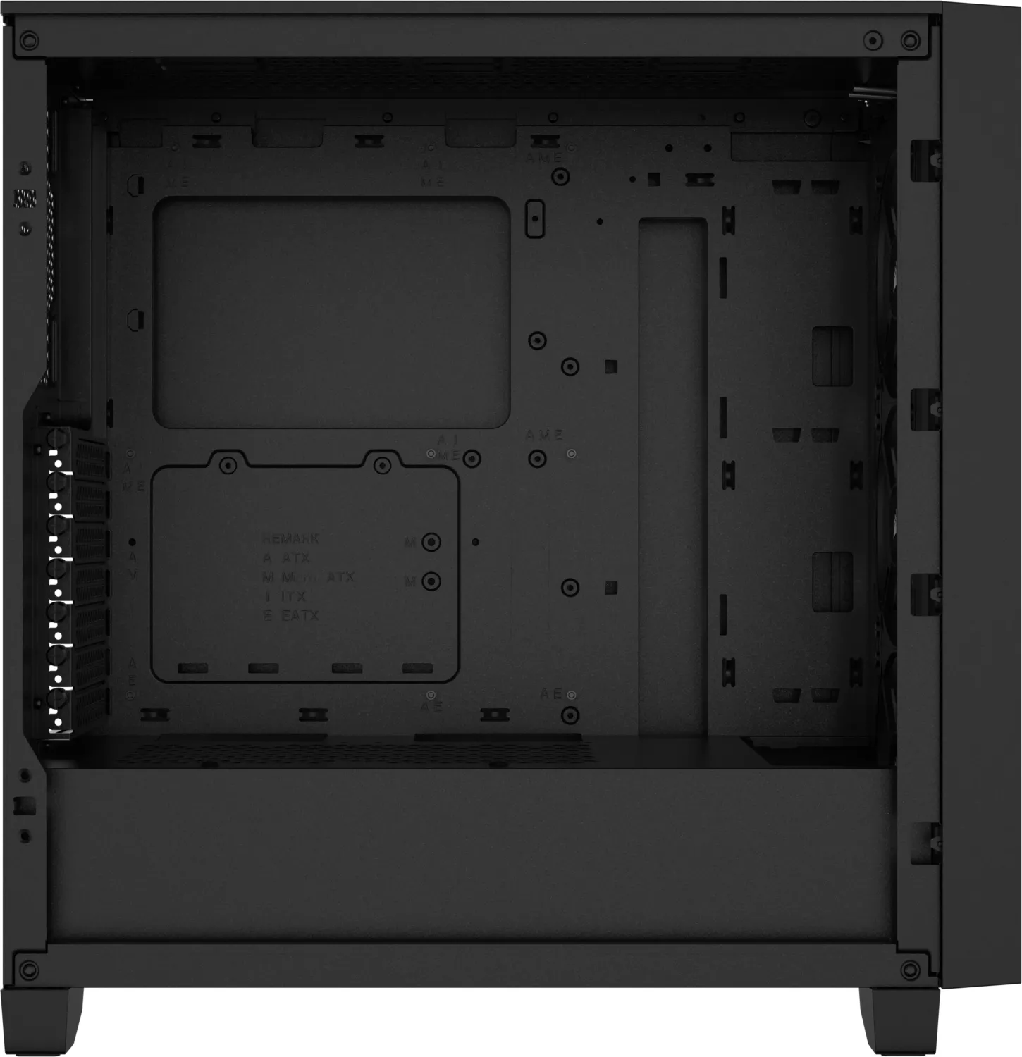 Schwarzes Computergehäuse mit Befestigungsbereich für das Motherboard.