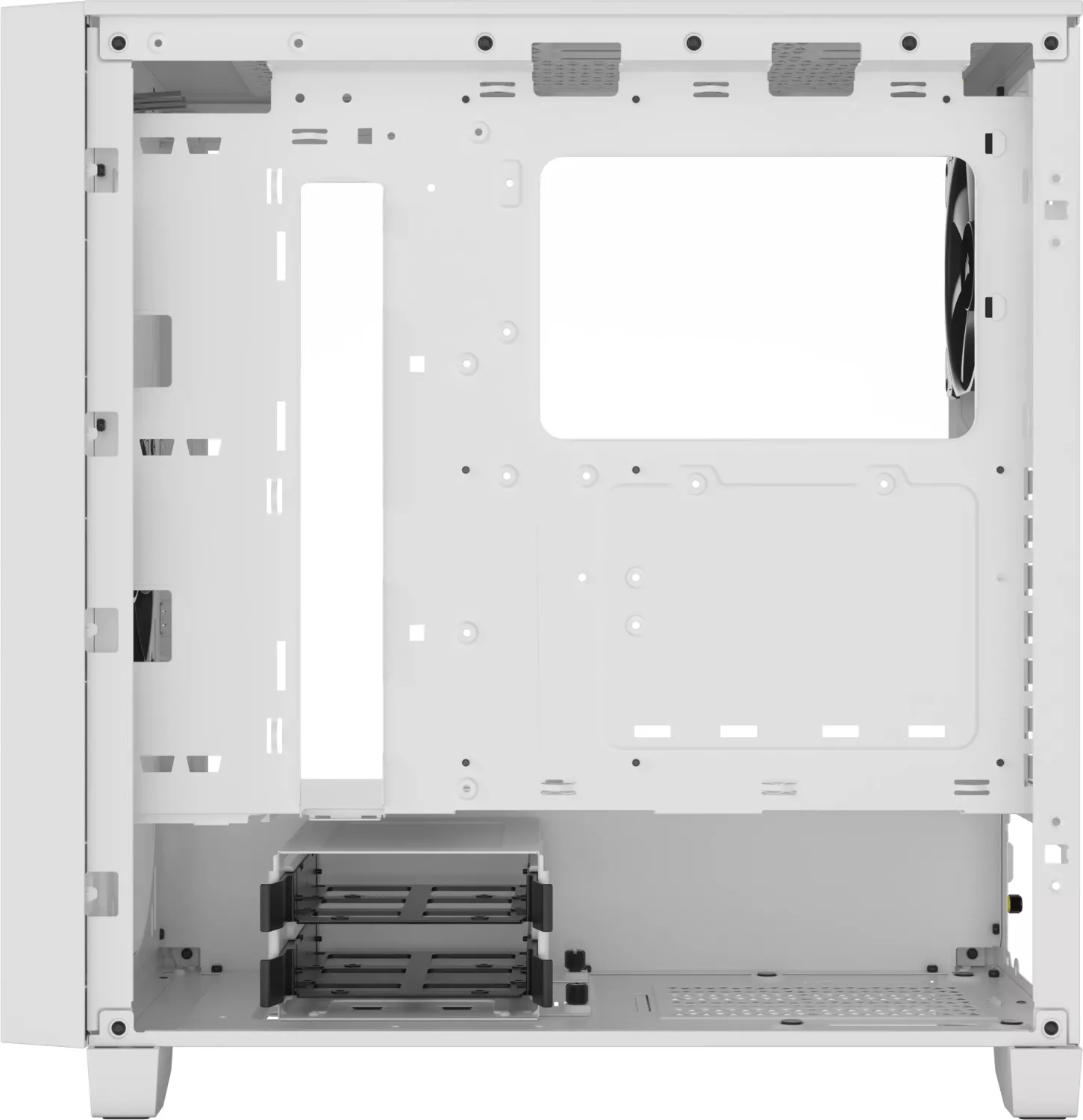 Weißes Computergehäuse, offen, zeigt Innenkomponenten und leeren Raum.
