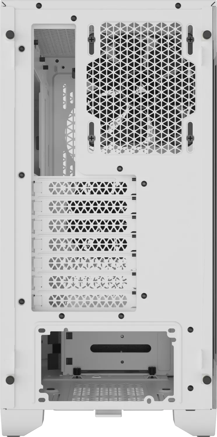 Weiße PC-Gehäuserückseite mit Mesh und Öffnungen. Schwarze Schrauben sind sichtbar.