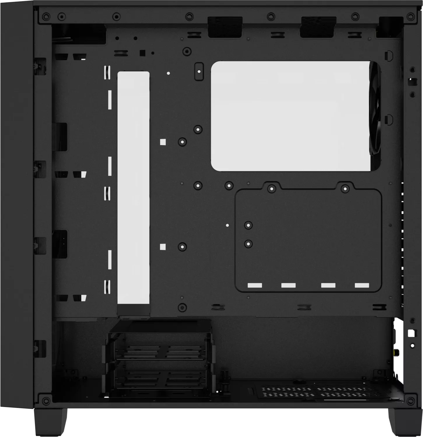 Ein leerer schwarzer Computer-Case. Es gibt eine Glasscheibe an der Seite und mehrere Öffnungen für Komponenten.