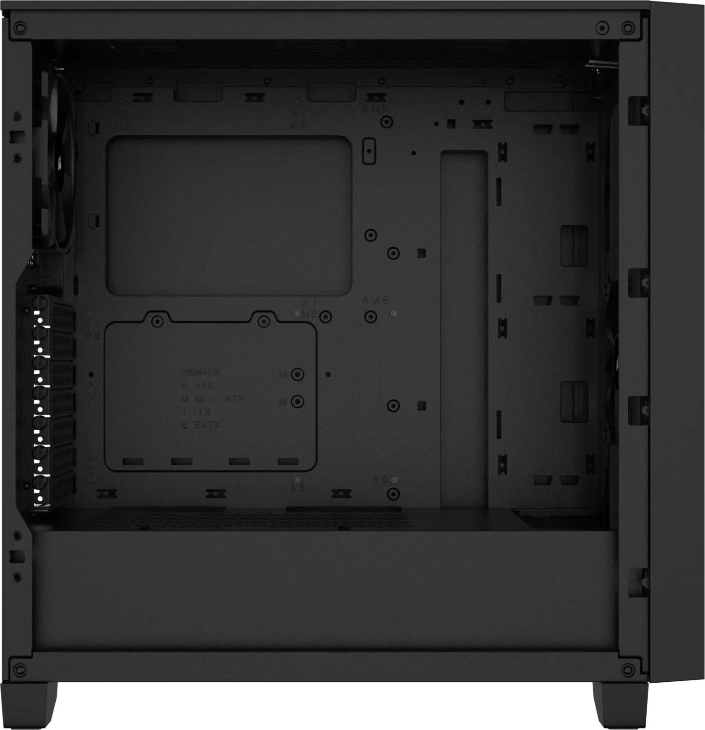 Schwarzes Computergehäuse-Inneres, das Montagepunkte und Strukturdetails zeigt.