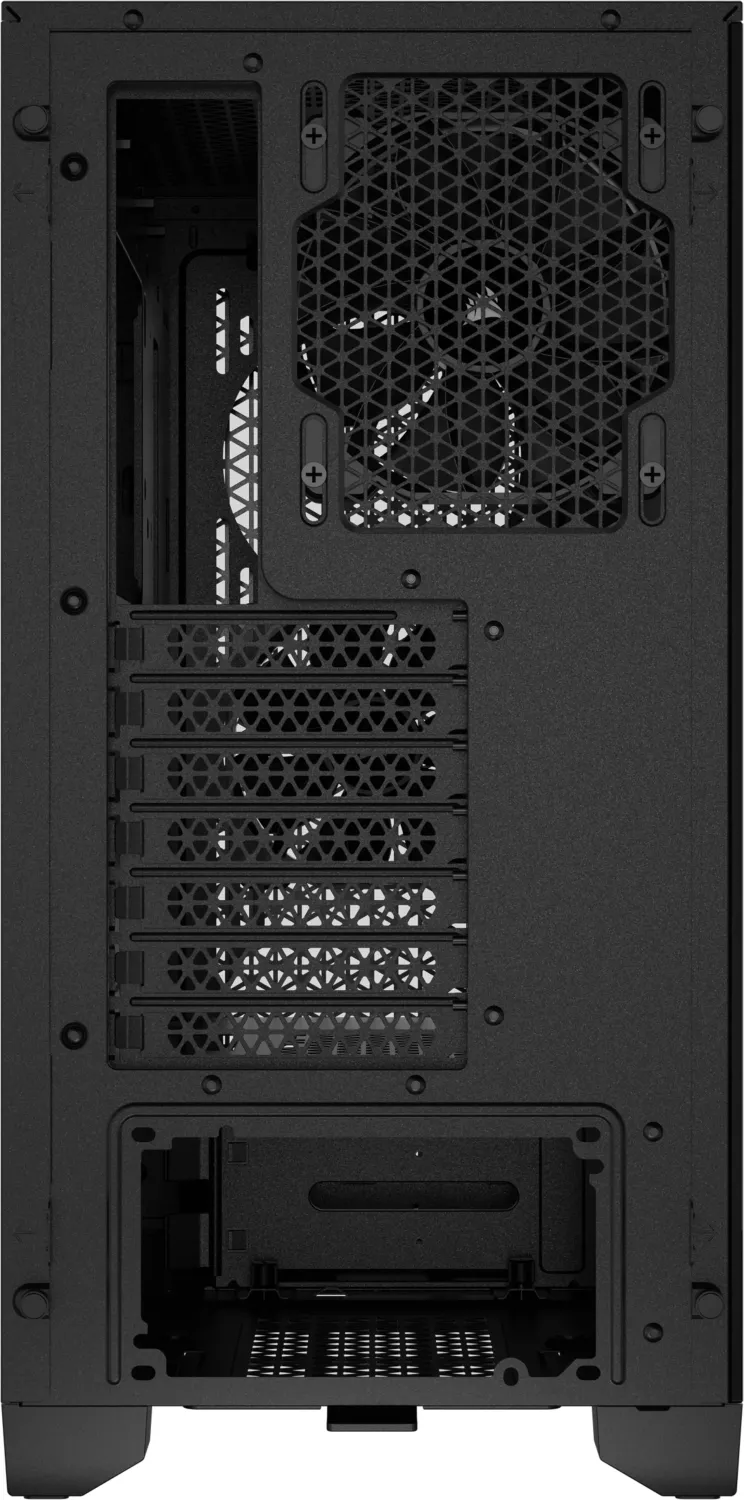 Rückansicht eines schwarzen Computergehäuses mit den internen Komponenten und dem Lüfter.