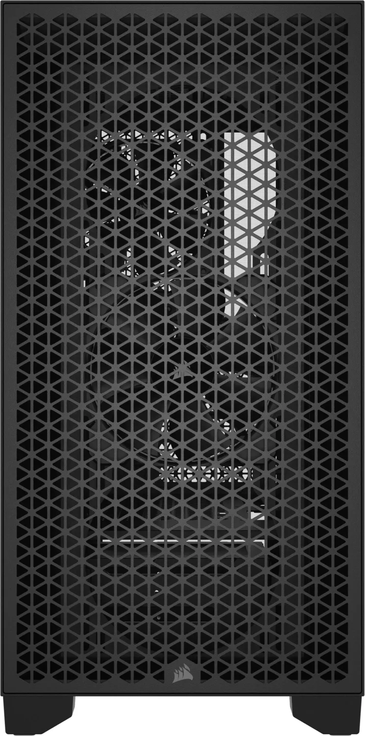 Ein schwarzes Computergehäuse mit Mesh-Front und Corsair-Logo.