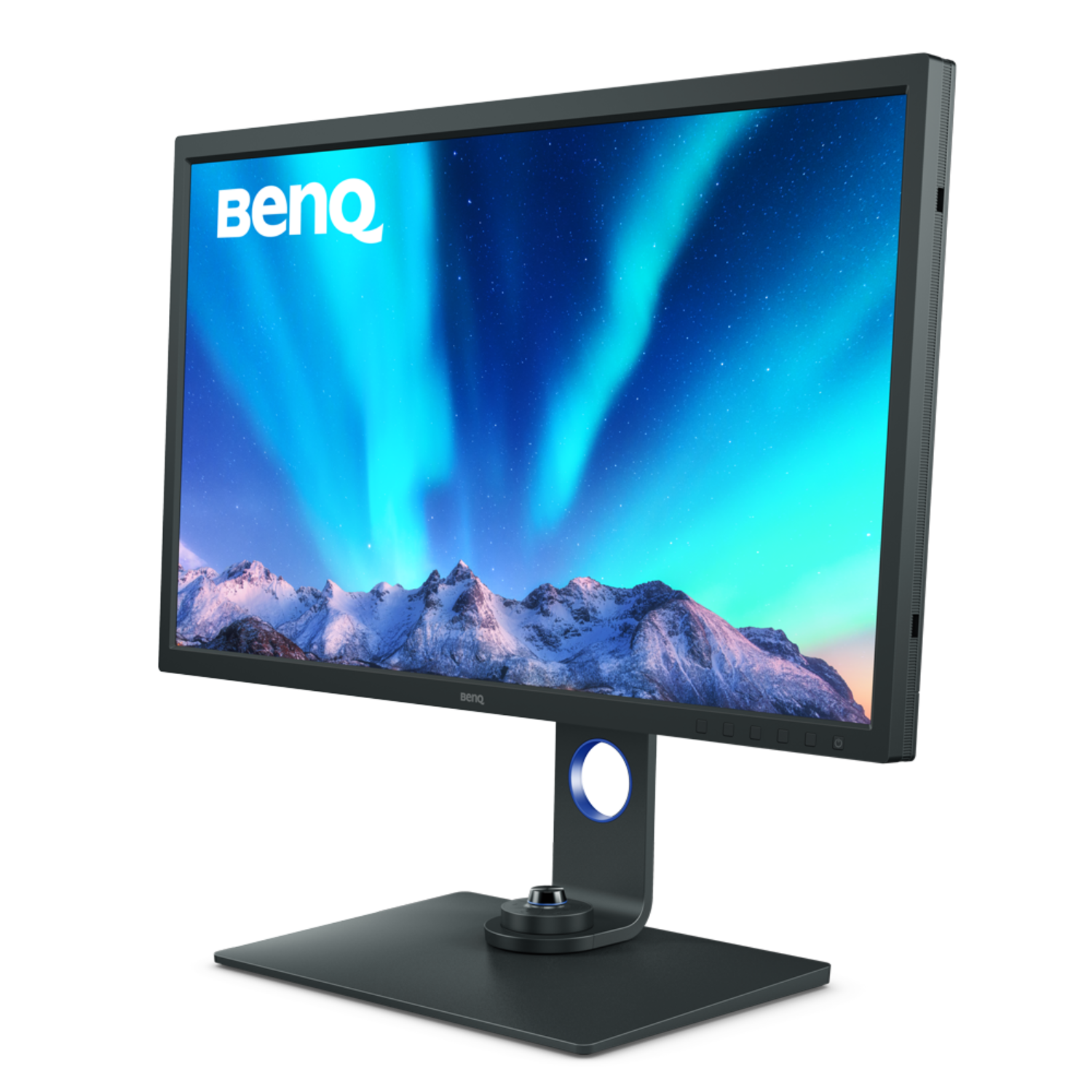 Black monitor with BenQ logo, showing a blue sky with aurora borealis.