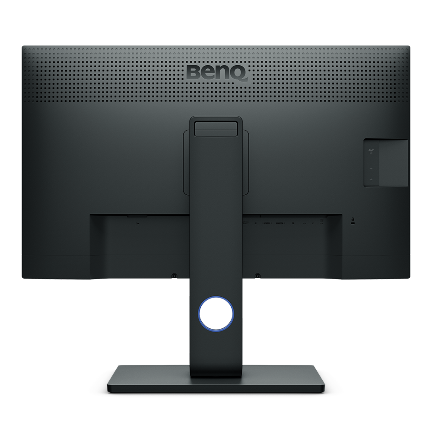 Back of a black BenQ monitor on a black background. The stand and ports are visible, with the BenQ logo.