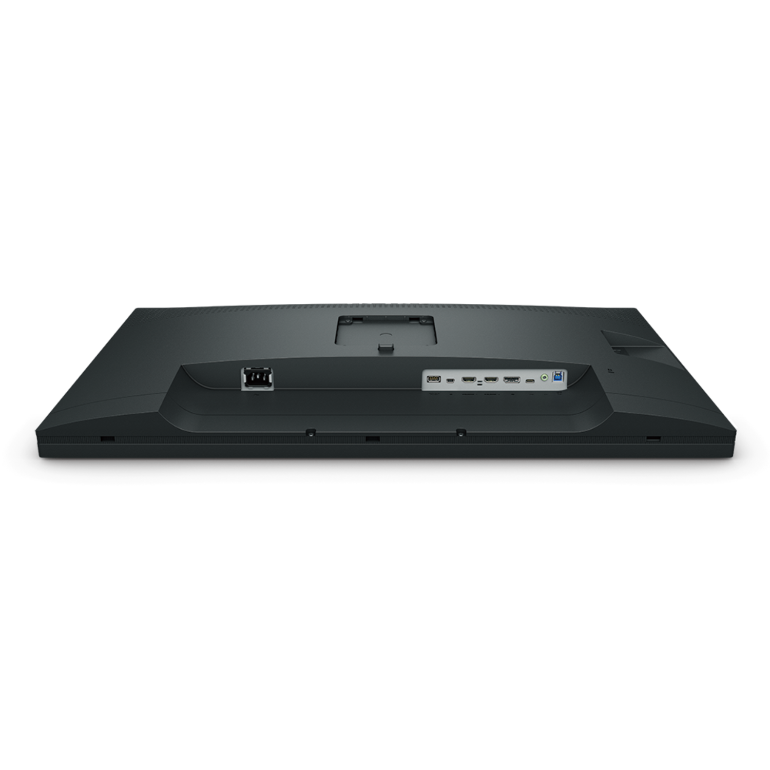 The back of a black computer monitor with ports and connections visible.